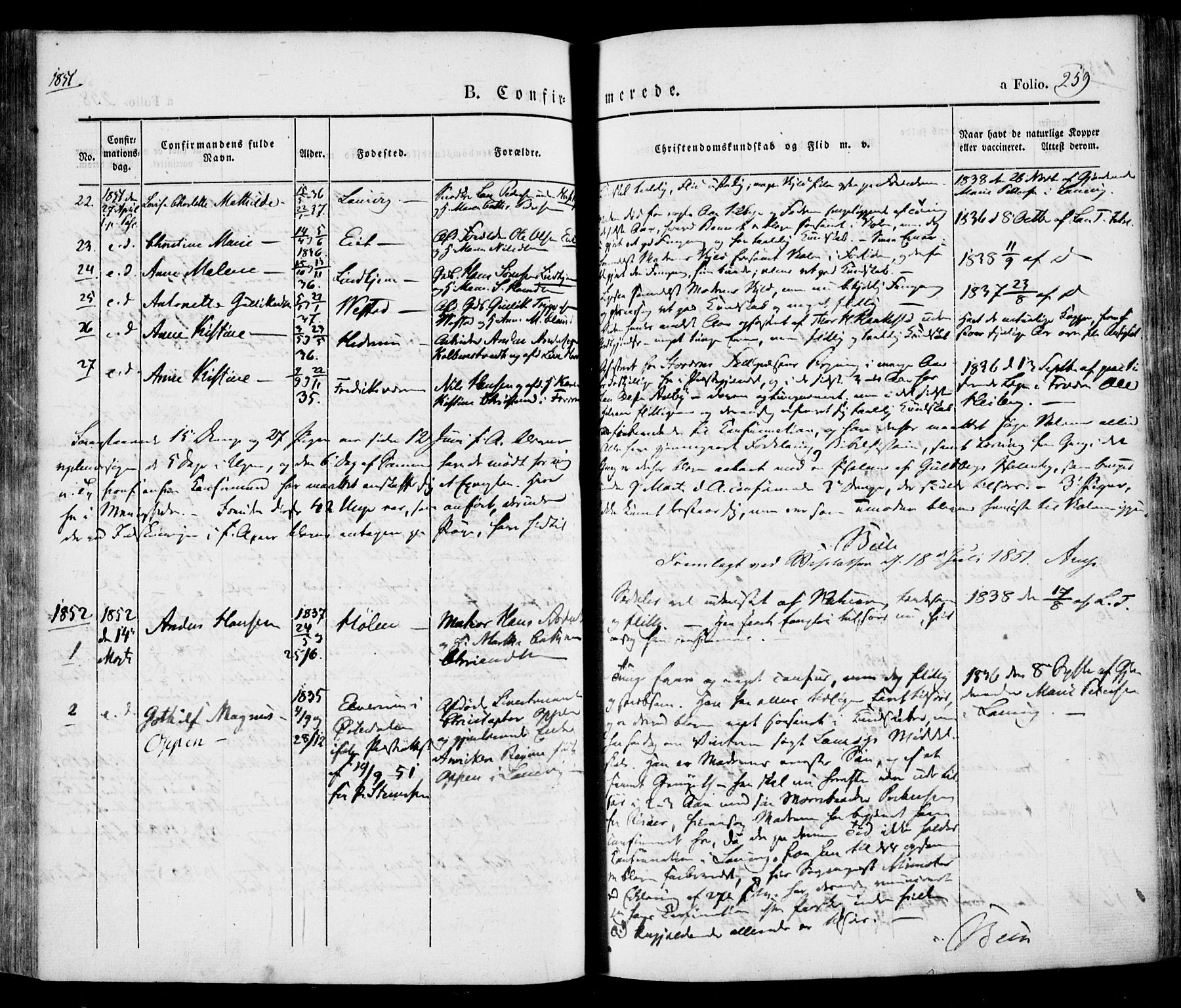 Tjølling kirkebøker, SAKO/A-60/F/Fa/L0006: Parish register (official) no. 6, 1835-1859, p. 259