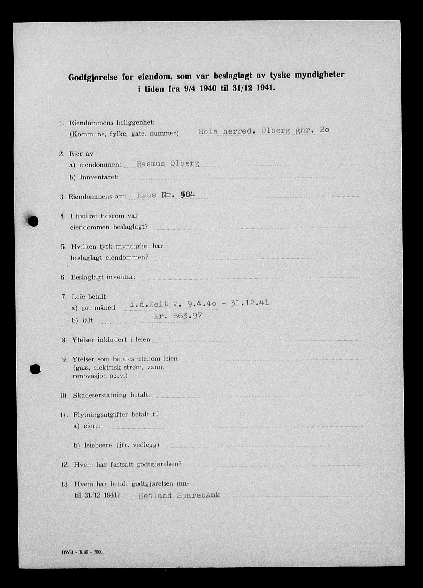 Justisdepartementet, Tilbakeføringskontoret for inndratte formuer, AV/RA-S-1564/I/L1015: Godtgjørelse for beslaglagt eiendom, 1940-1941, p. 36