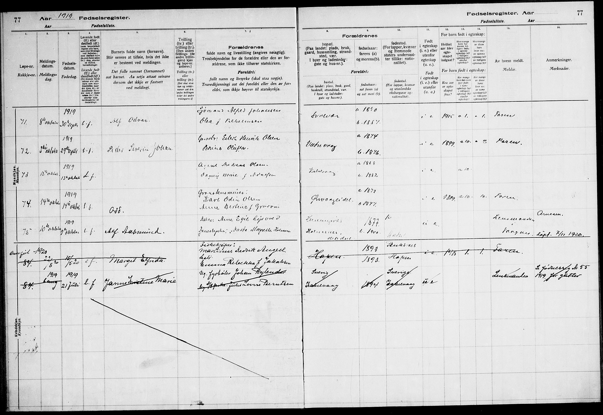 Ministerialprotokoller, klokkerbøker og fødselsregistre - Nordland, AV/SAT-A-1459/874/L1089: Birth register no. 874.II.4.1, 1916-1926, p. 77