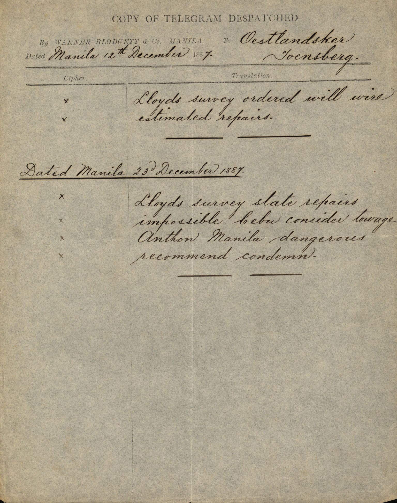 Pa 63 - Østlandske skibsassuranceforening, VEMU/A-1079/G/Ga/L0020/0003: Havaridokumenter / Anton, Diamant, Templar, Finn, Eliezer, Arctic, 1887, p. 14