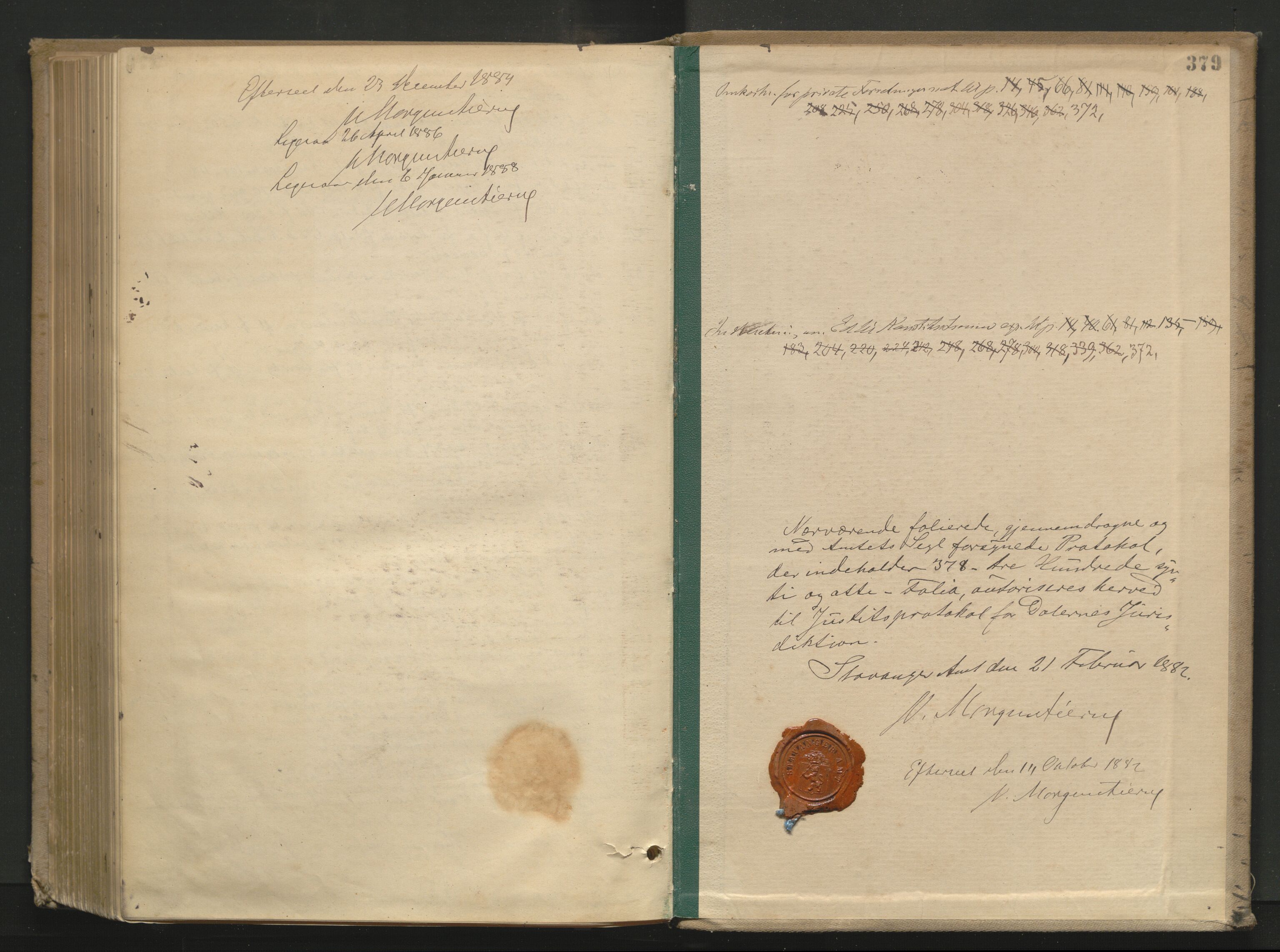 Dalane sorenskriveri, AV/SAST-A-100309/001/3/30/30BA/L0003: TINGBOK, 1882-1888, p. 378b-379a