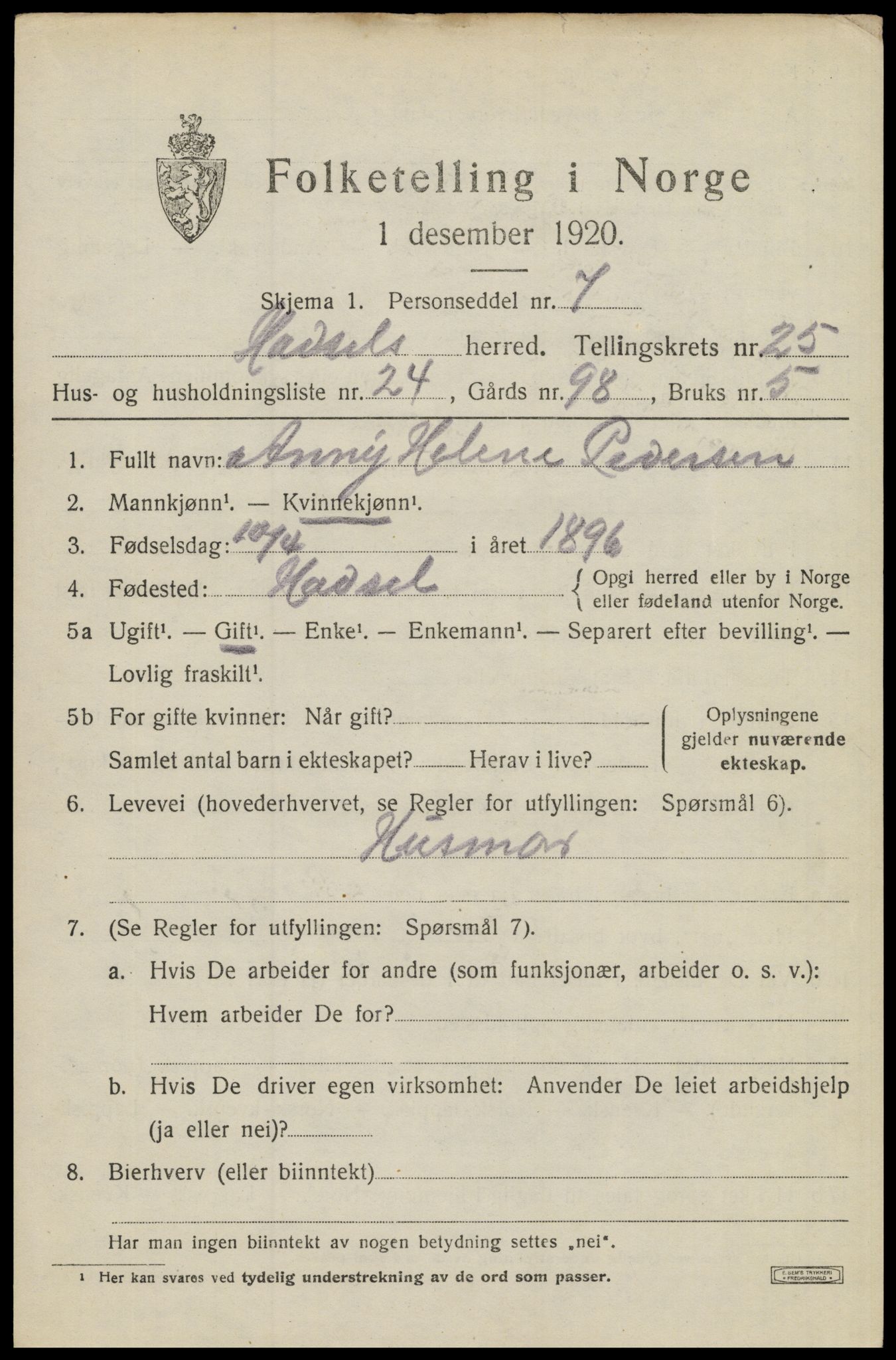 SAT, 1920 census for Hadsel, 1920, p. 22240