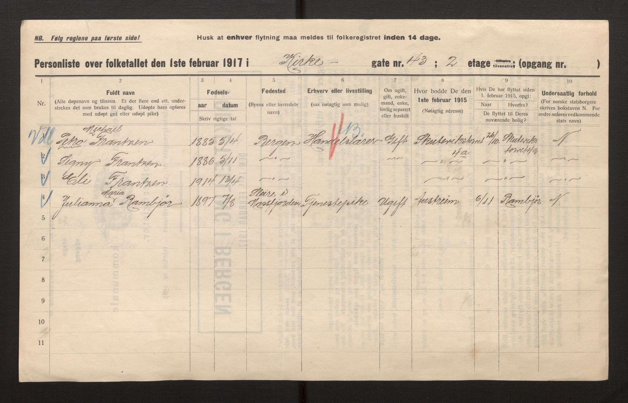 SAB, Municipal Census 1917 for Bergen, 1917, p. 17644