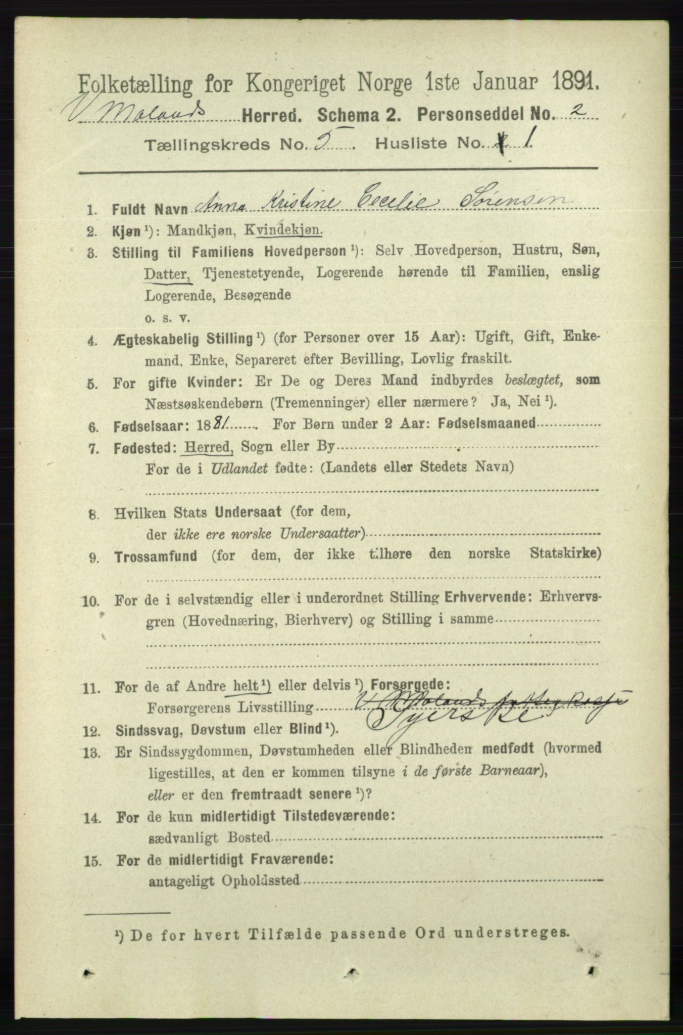 RA, 1891 census for 0926 Vestre Moland, 1891, p. 1844