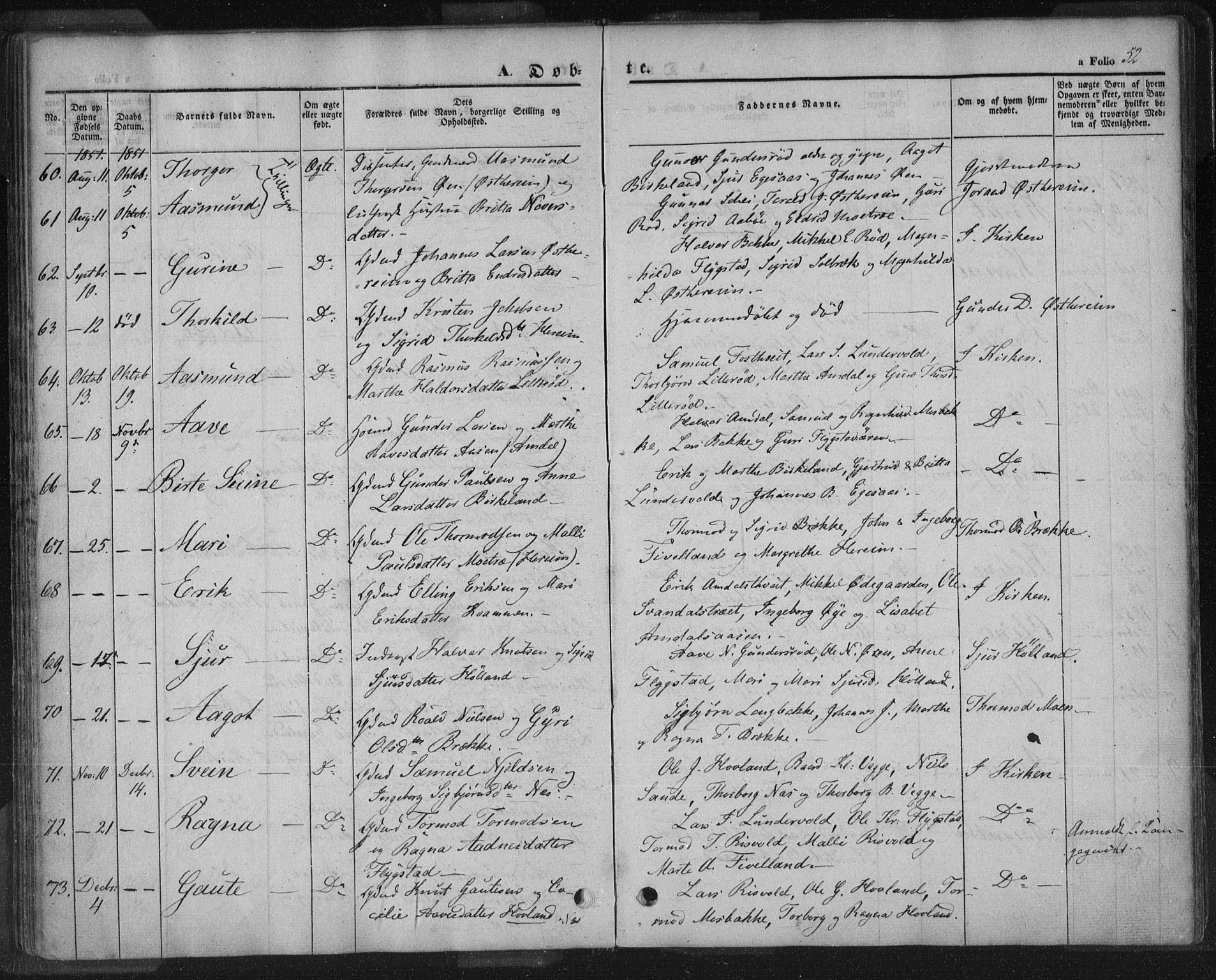 Sand sokneprestkontor, AV/SAST-A-101848/01/III/L0002: Parish register (official) no. A 2, 1838-1859, p. 52