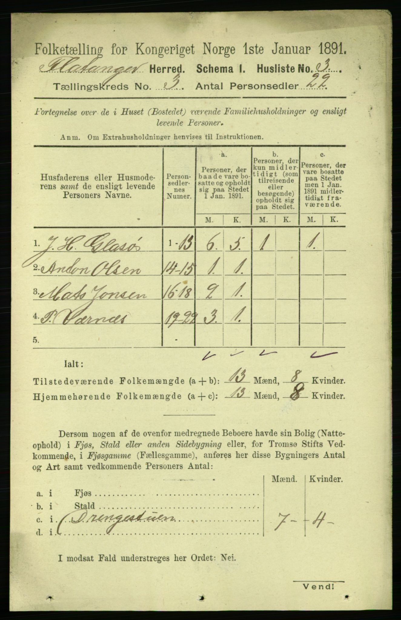 RA, 1891 census for 1749 Flatanger, 1891, p. 1278