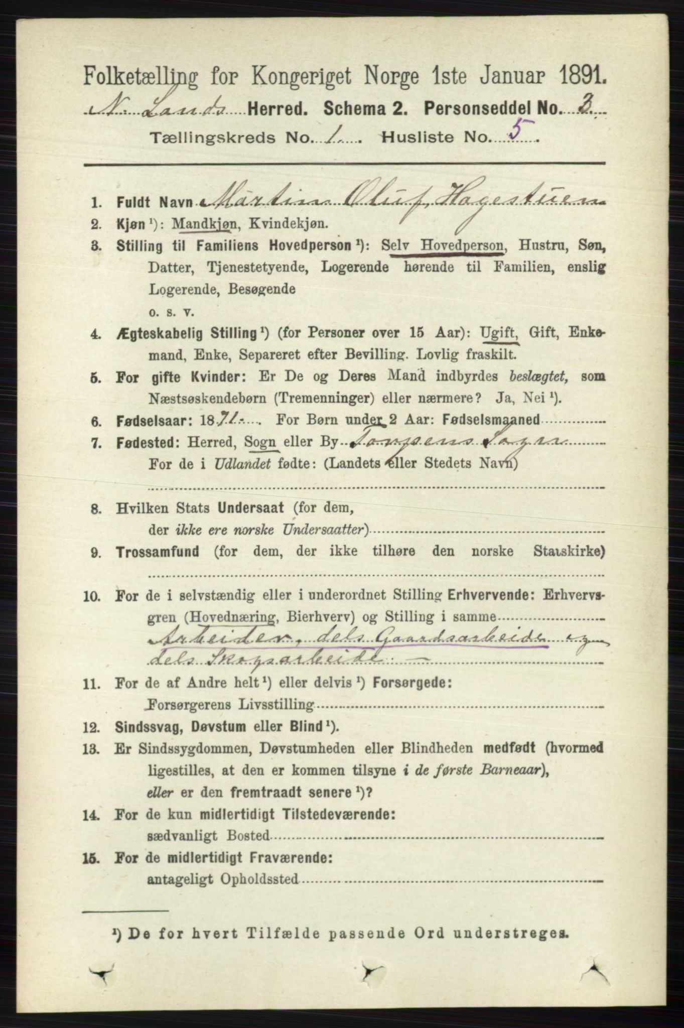 RA, 1891 census for 0538 Nordre Land, 1891, p. 146