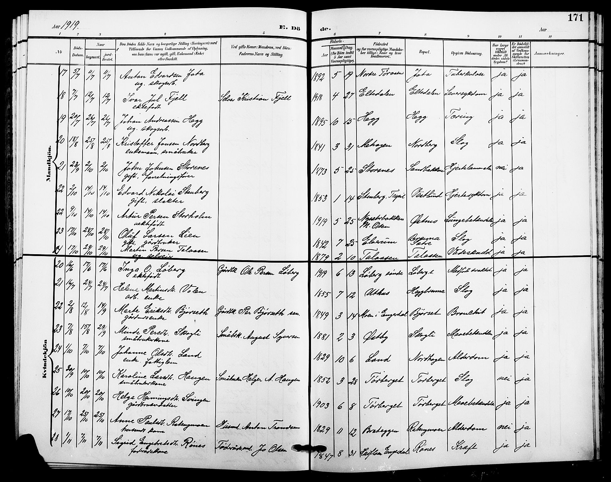 Trysil prestekontor, AV/SAH-PREST-046/H/Ha/Hab/L0009: Parish register (copy) no. 9, 1904-1924, p. 171