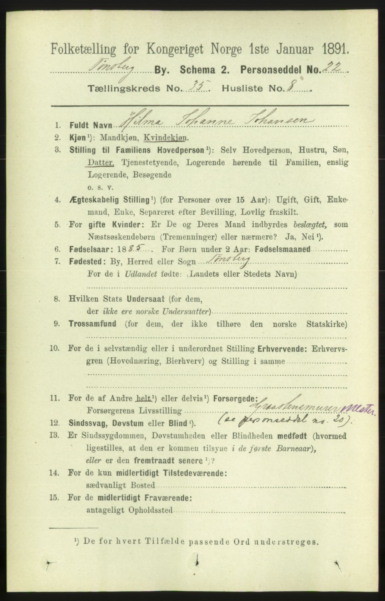 RA, 1891 census for 0705 Tønsberg, 1891, p. 7847