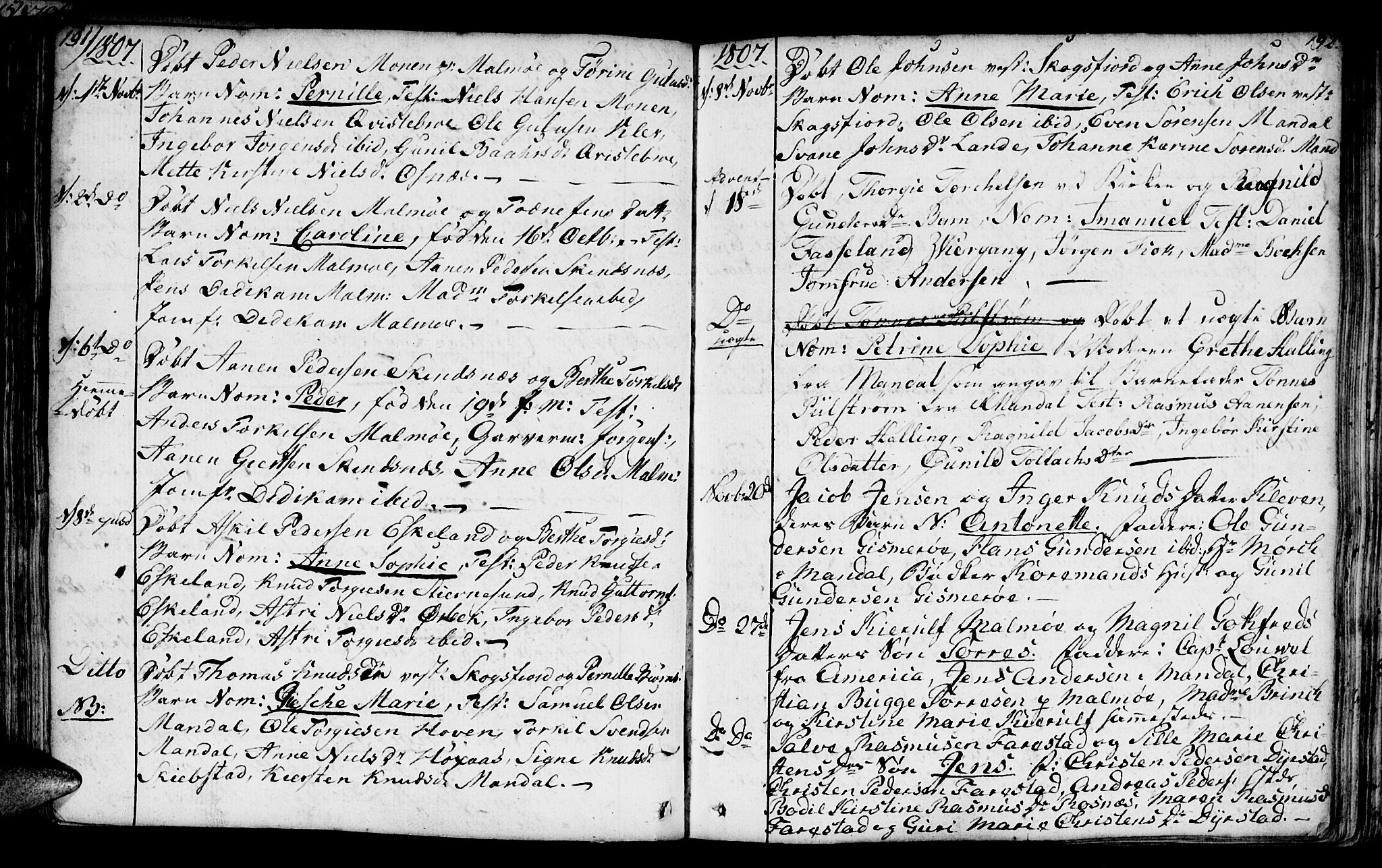 Mandal sokneprestkontor, SAK/1111-0030/F/Fa/Faa/L0008: Parish register (official) no. A 8, 1794-1817, p. 191-192