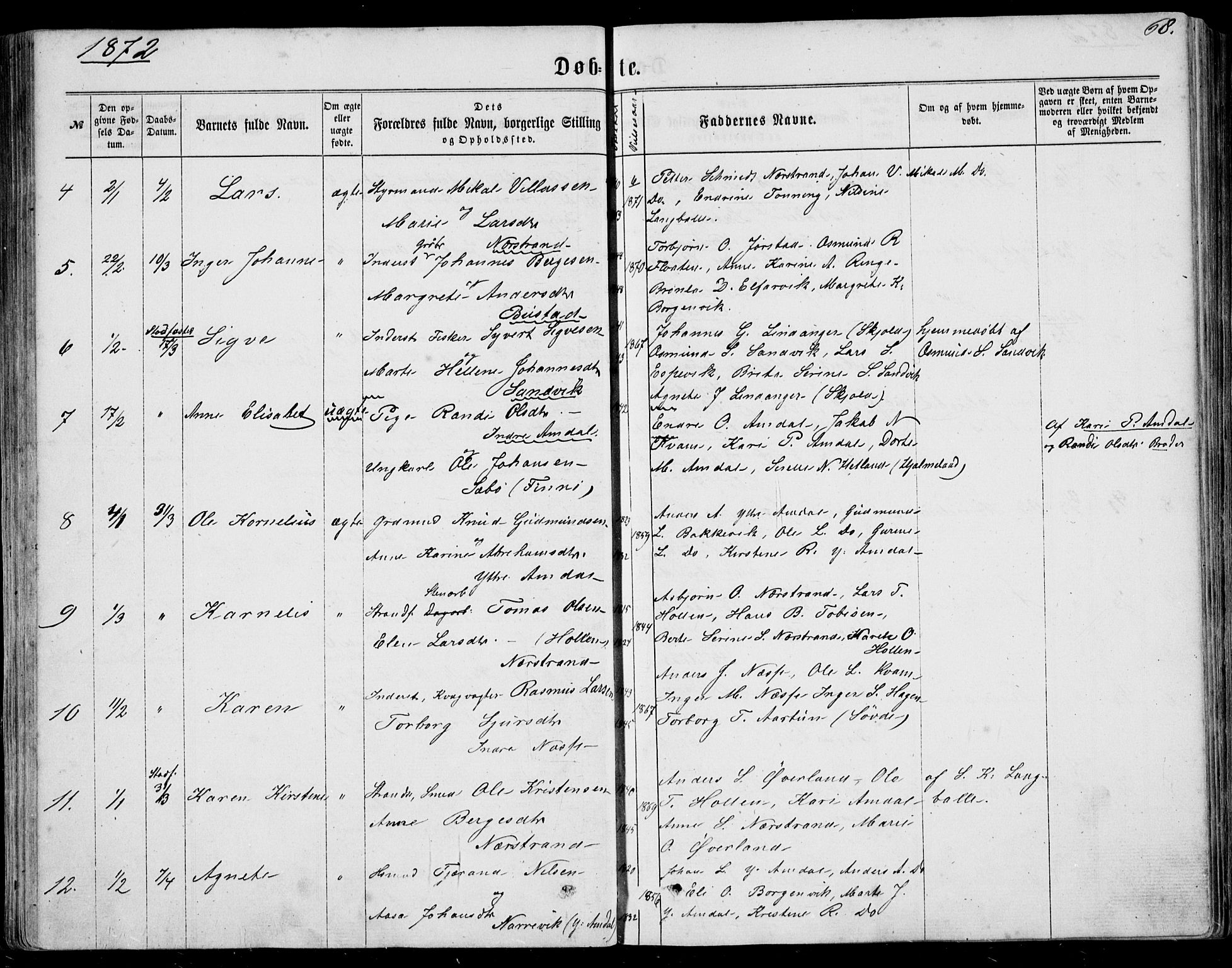 Nedstrand sokneprestkontor, AV/SAST-A-101841/01/IV: Parish register (official) no. A 9, 1861-1876, p. 68