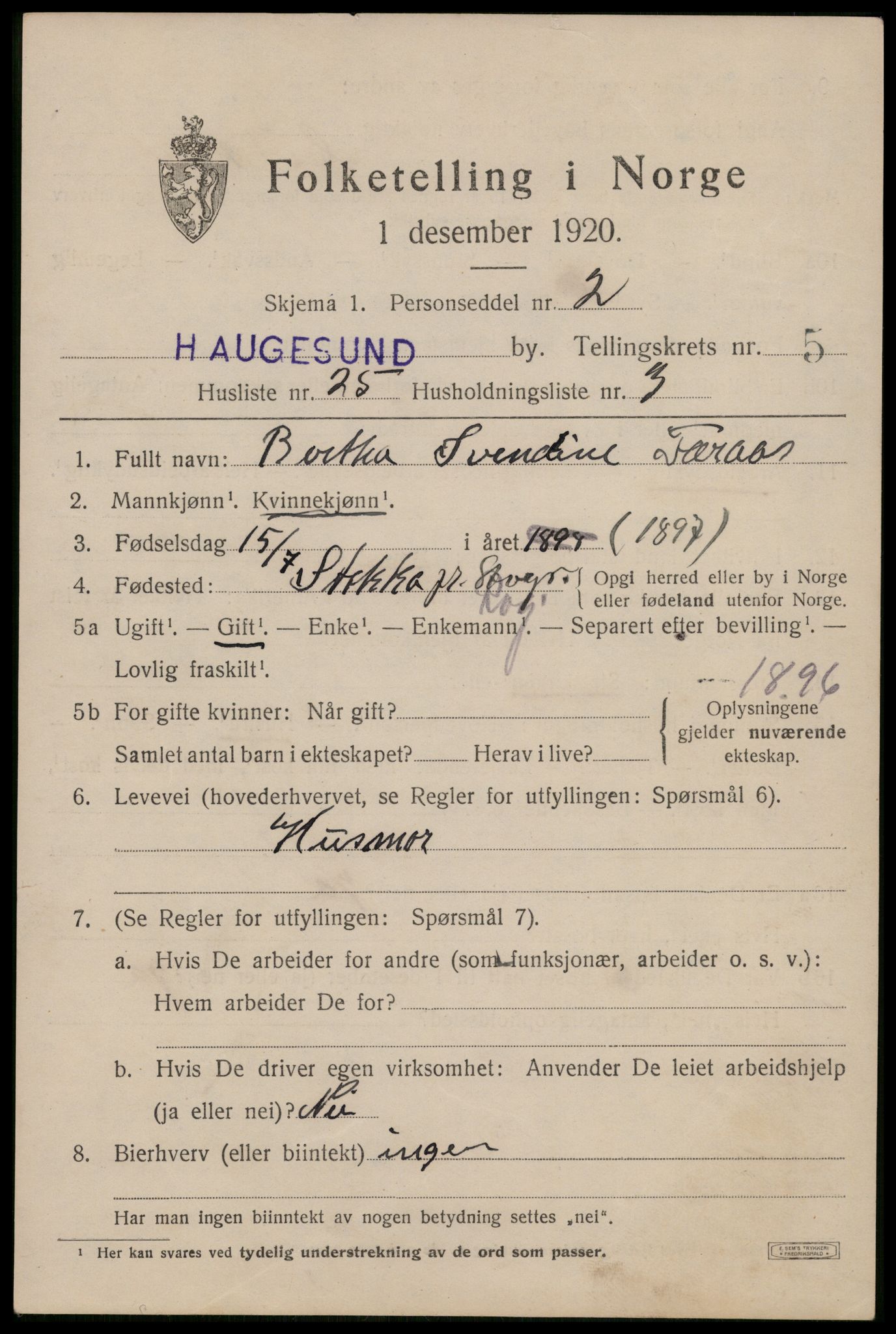 SAST, 1920 census for Haugesund, 1920, p. 17917