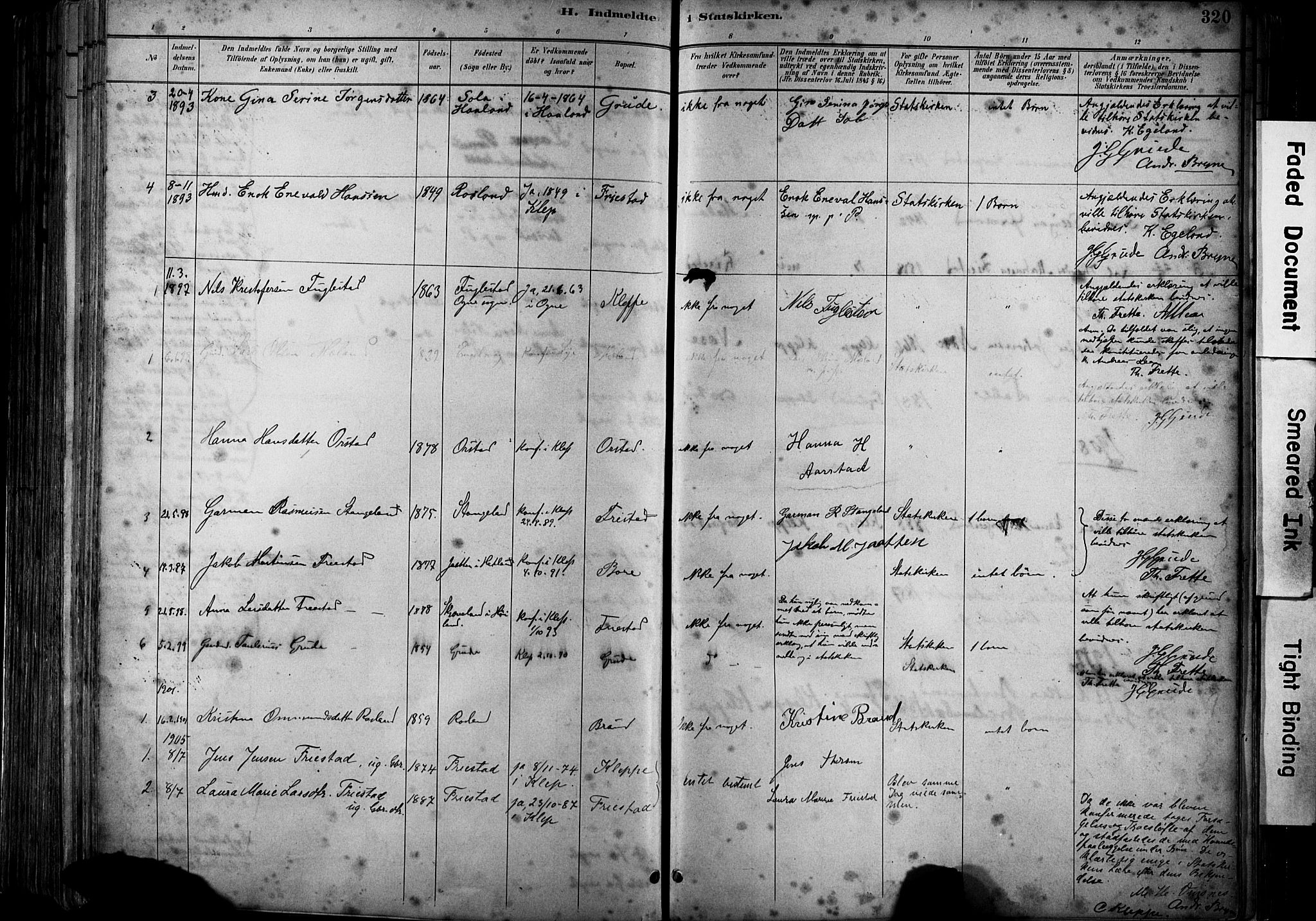 Klepp sokneprestkontor, AV/SAST-A-101803/001/3/30BA/L0009: Parish register (official) no. A 7, 1886-1915, p. 320