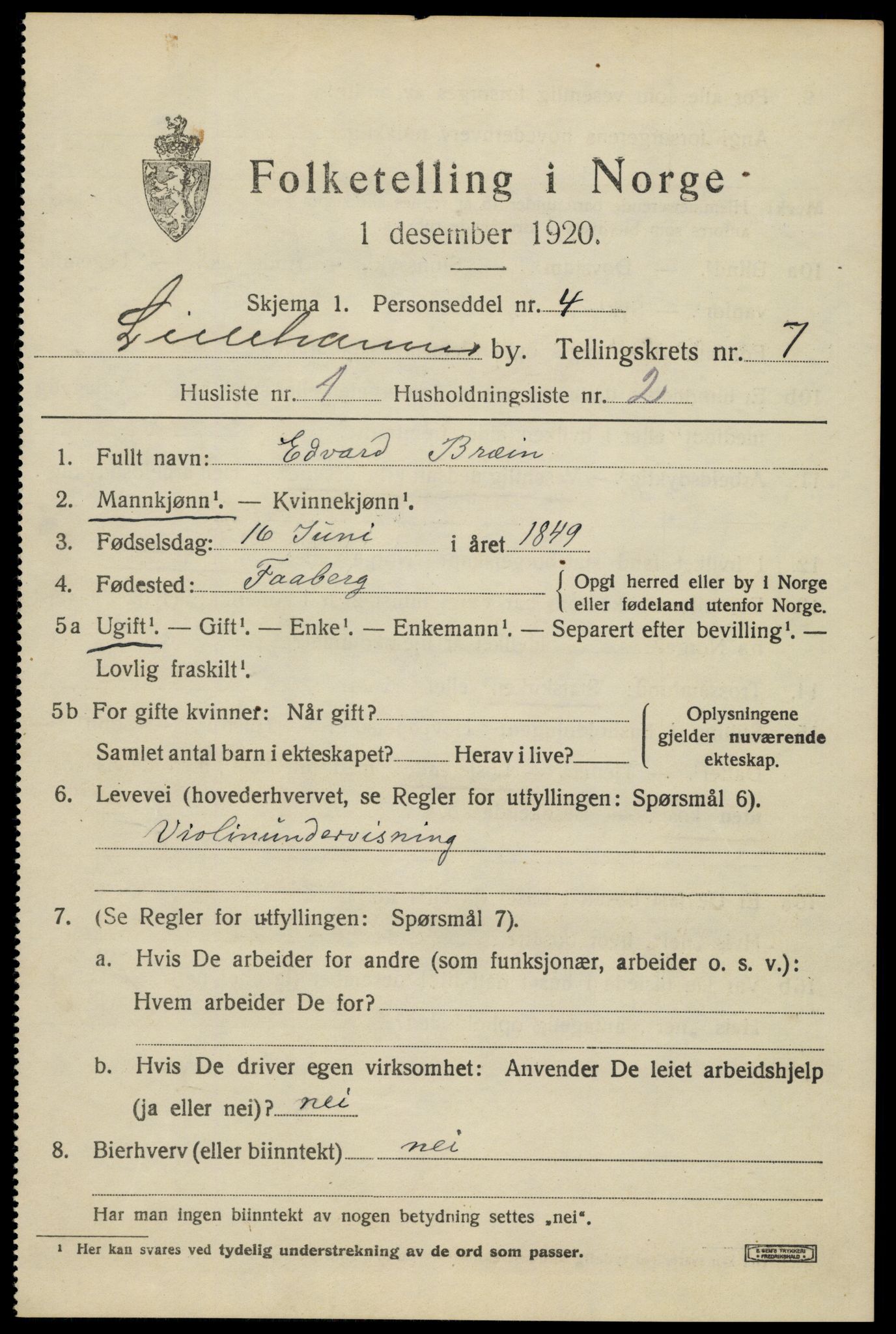 SAH, 1920 census for Lillehammer, 1920, p. 9424