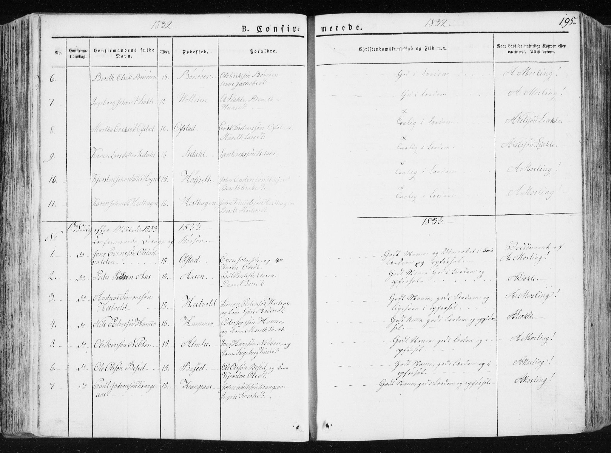 Ministerialprotokoller, klokkerbøker og fødselsregistre - Sør-Trøndelag, SAT/A-1456/665/L0771: Parish register (official) no. 665A06, 1830-1856, p. 195