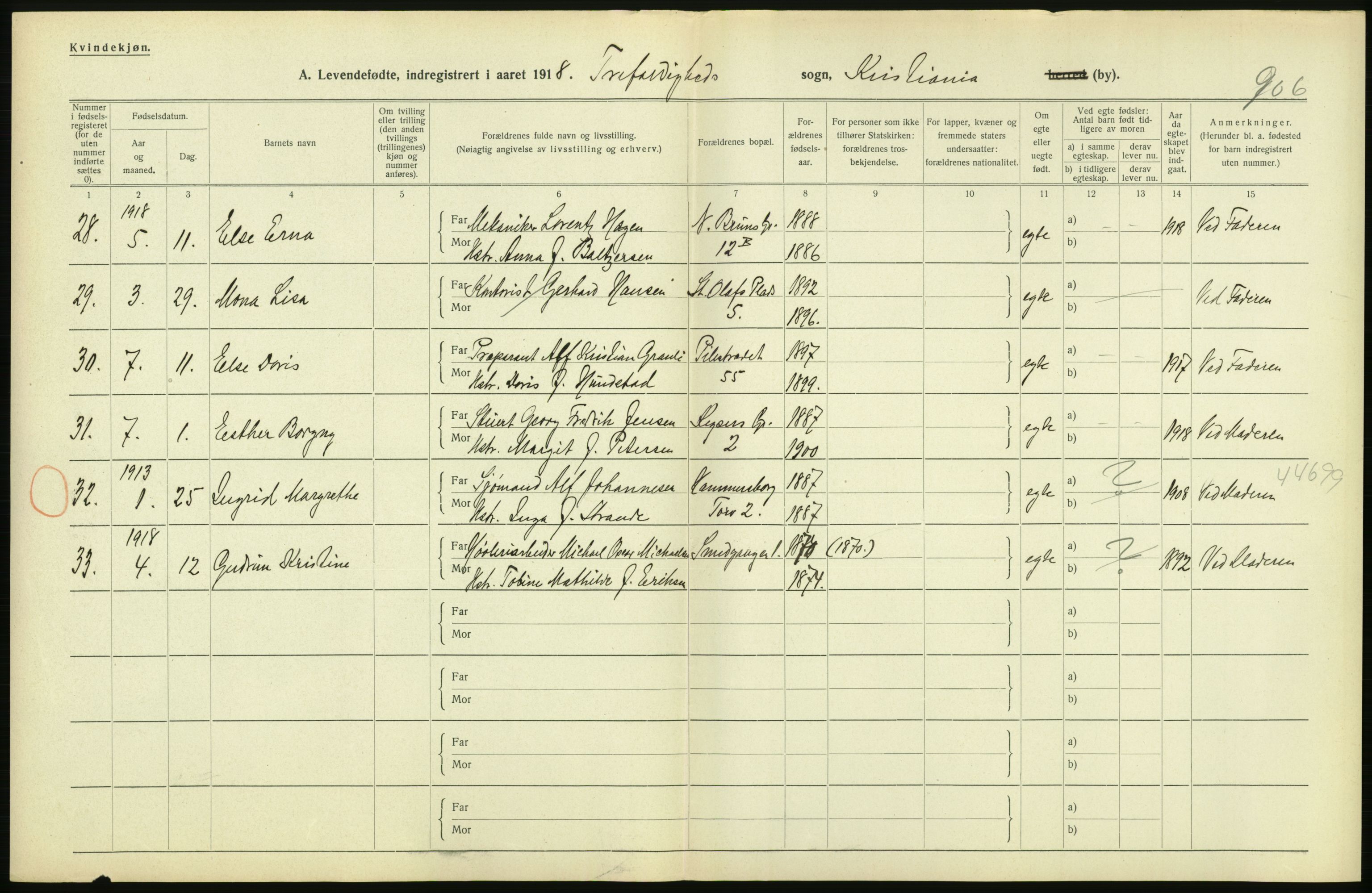 Statistisk sentralbyrå, Sosiodemografiske emner, Befolkning, AV/RA-S-2228/D/Df/Dfb/Dfbh/L0008: Kristiania: Levendefødte menn og kvinner., 1918, p. 290