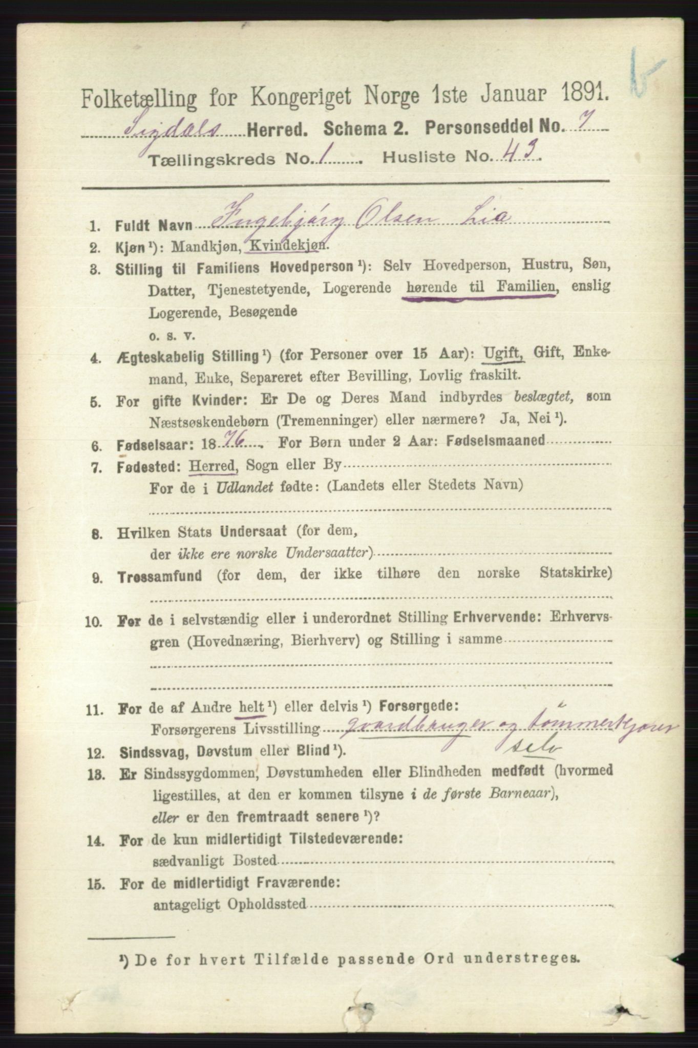 RA, 1891 census for 0621 Sigdal, 1891, p. 3855