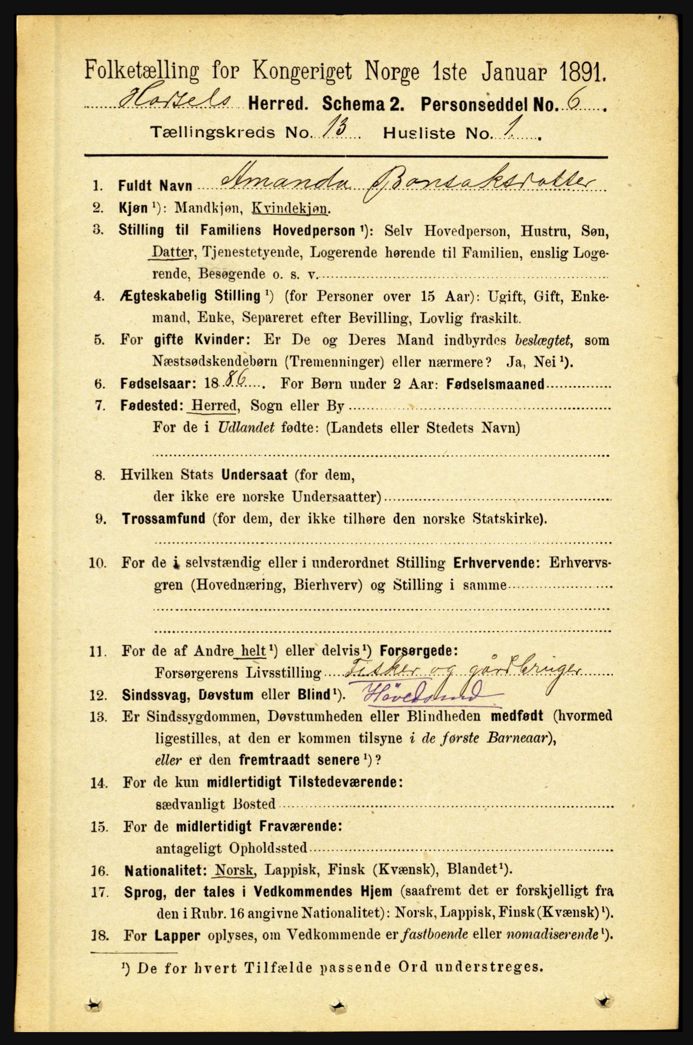 RA, 1891 census for 1866 Hadsel, 1891, p. 5828