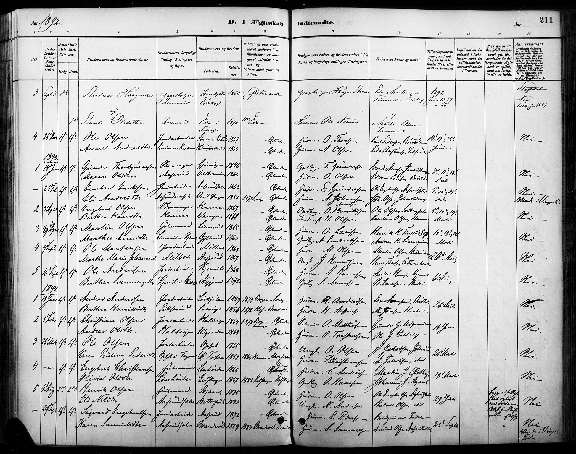 Vinger prestekontor, AV/SAH-PREST-024/H/Ha/Haa/L0015: Parish register (official) no. 15, 1881-1900, p. 211