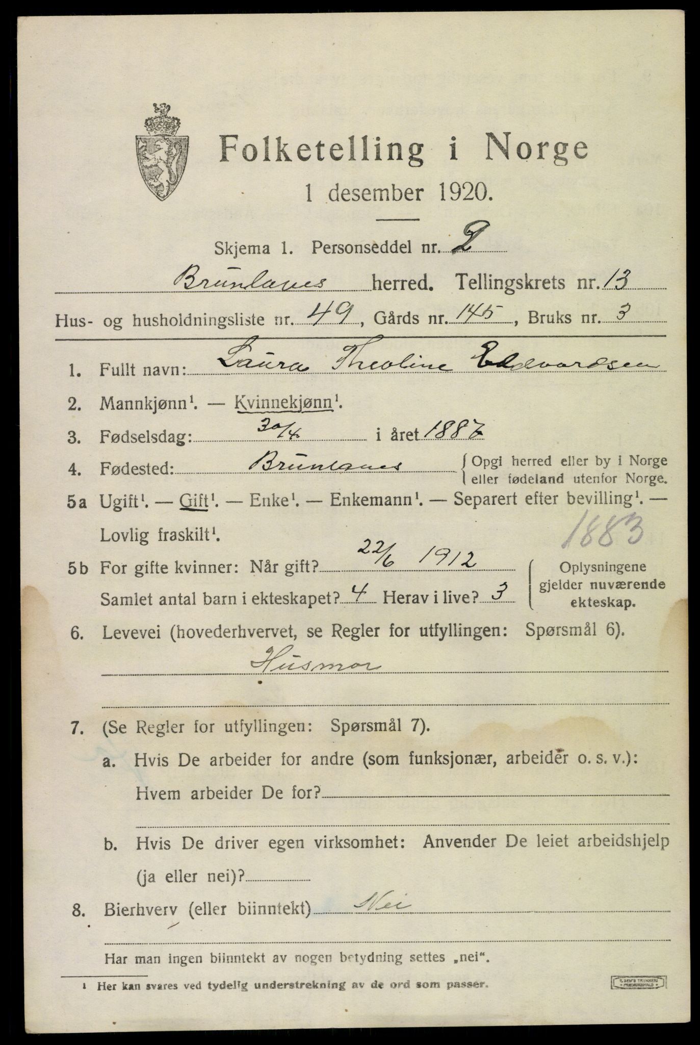 SAKO, 1920 census for Brunlanes, 1920, p. 11335