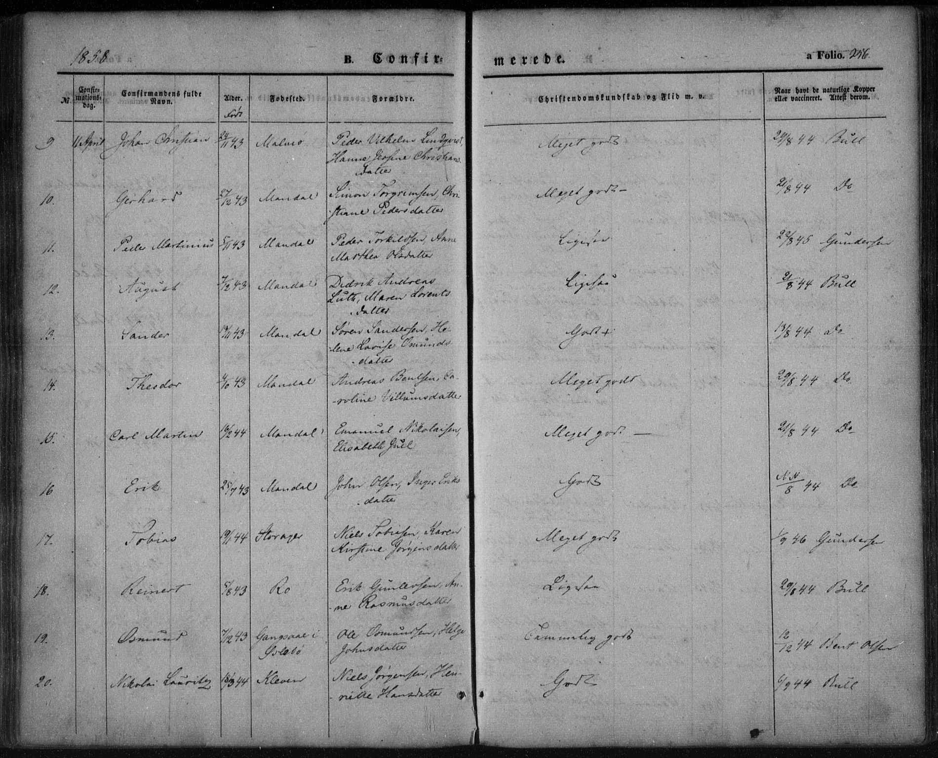 Mandal sokneprestkontor, SAK/1111-0030/F/Fa/Faa/L0013: Parish register (official) no. A 13, 1847-1859, p. 256