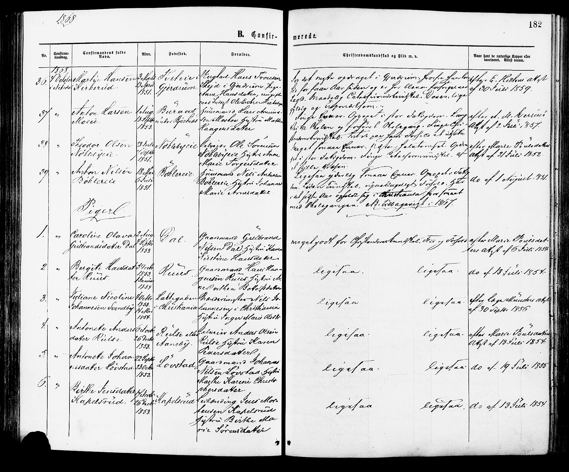 Nittedal prestekontor Kirkebøker, AV/SAO-A-10365a/F/Fa/L0006: Parish register (official) no. I 6, 1863-1878, p. 182