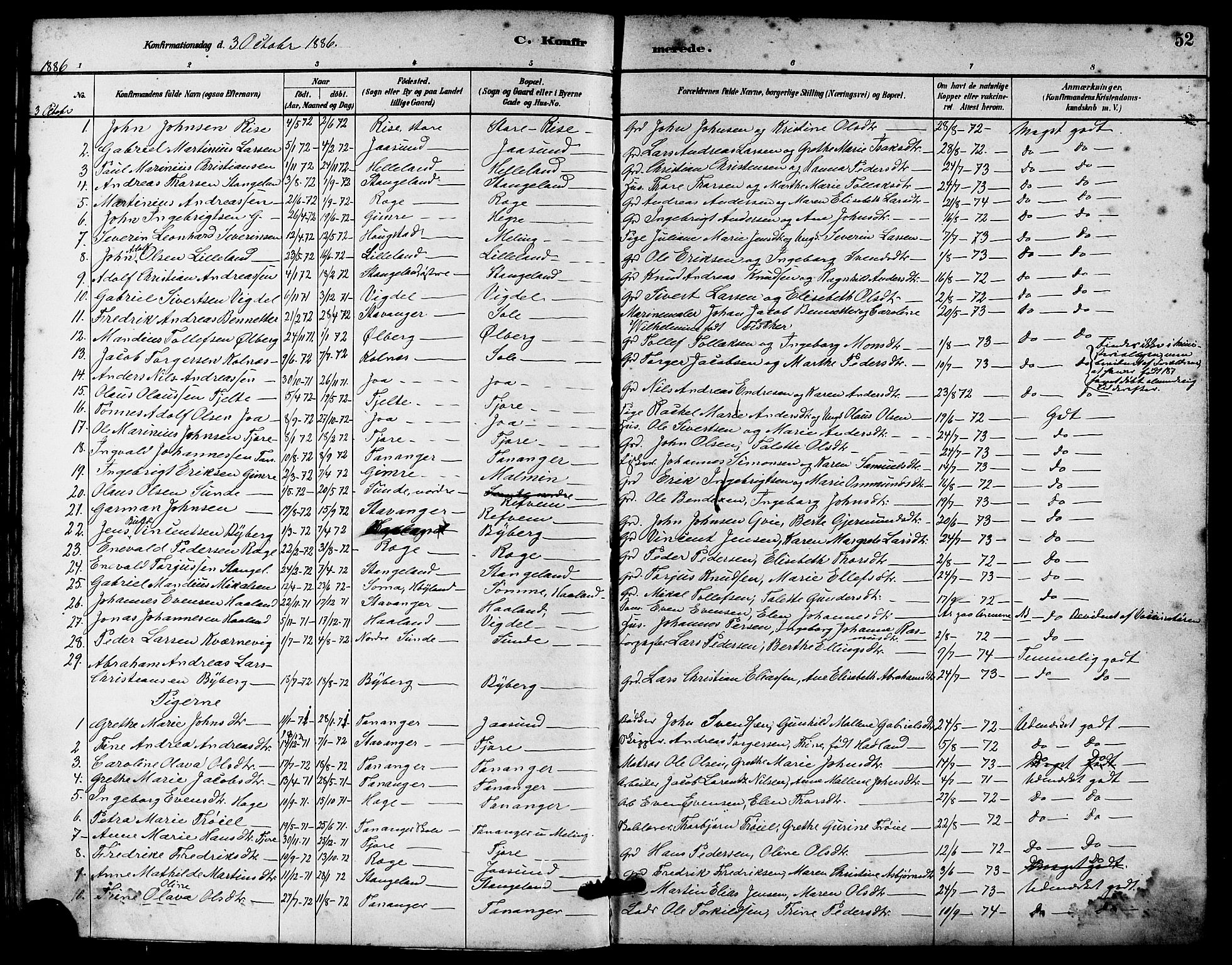 Håland sokneprestkontor, SAST/A-101802/001/30BA/L0010: Parish register (official) no. A 9, 1883-1888, p. 52