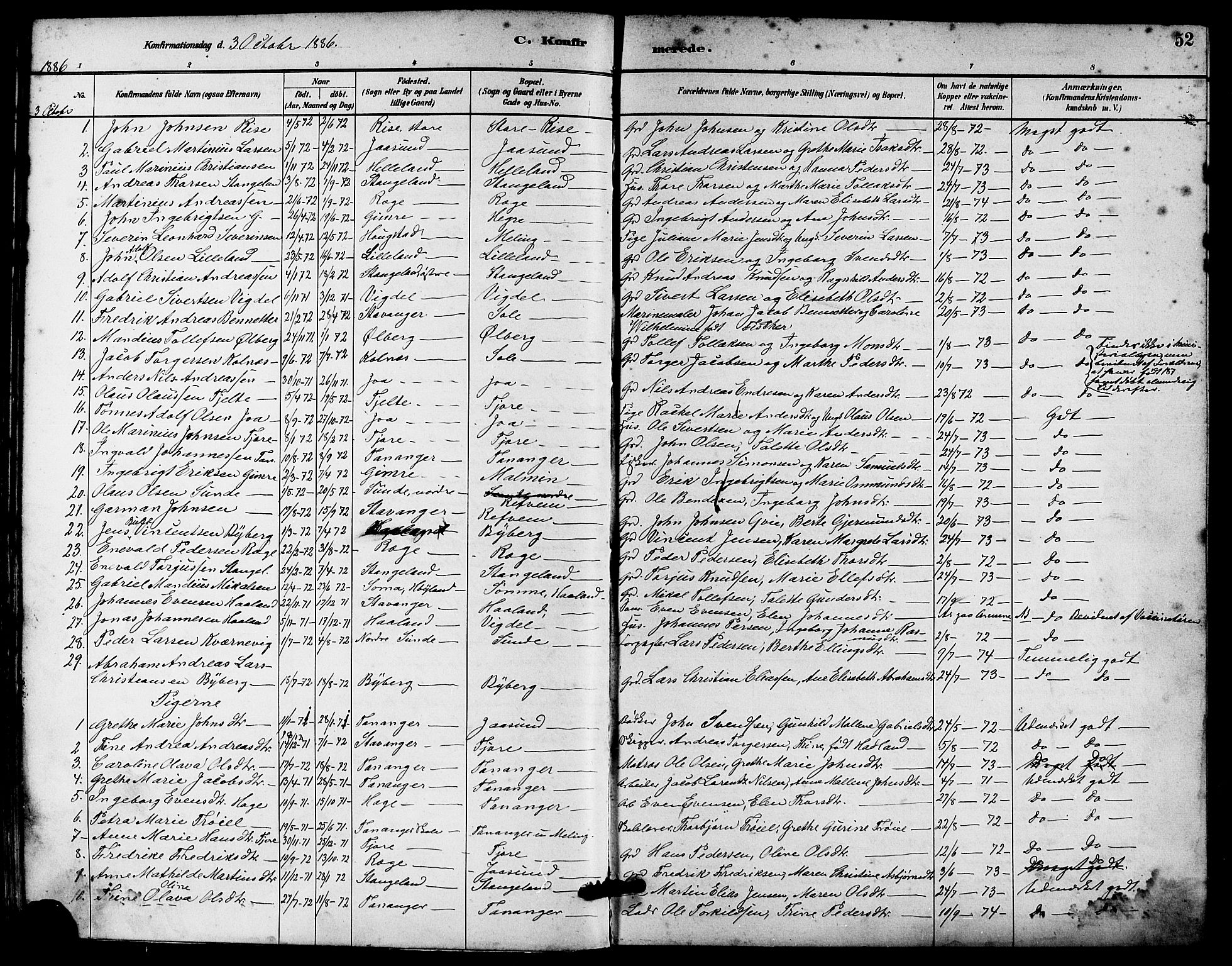 Håland sokneprestkontor, AV/SAST-A-101802/001/30BA/L0010: Parish register (official) no. A 9, 1883-1888, p. 52