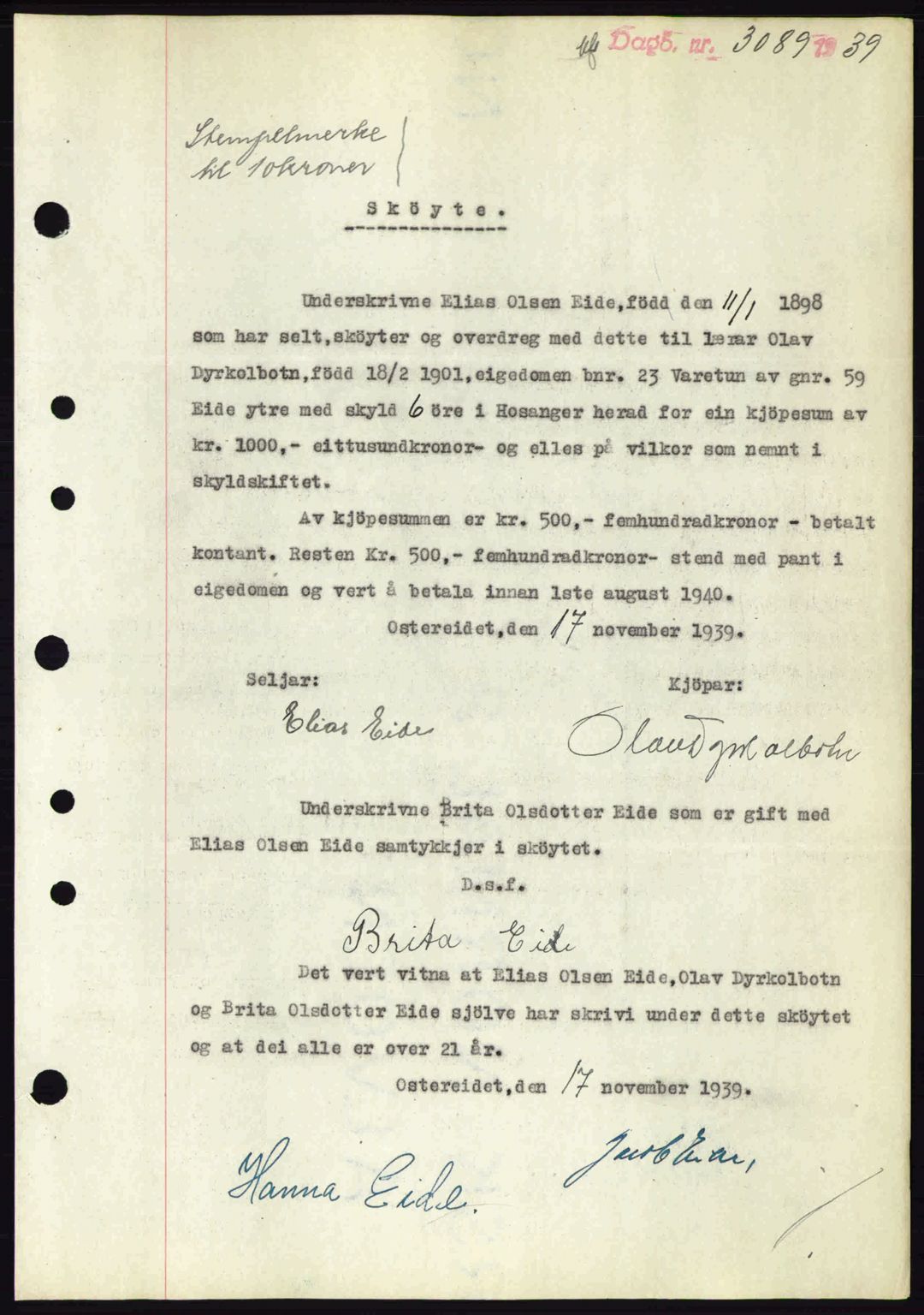 Nordhordland sorenskrivar, SAB/A-2901/1/G/Gb/Gbf/L0010: Mortgage book no. A10, 1939-1940, Diary no: : 3089/1939