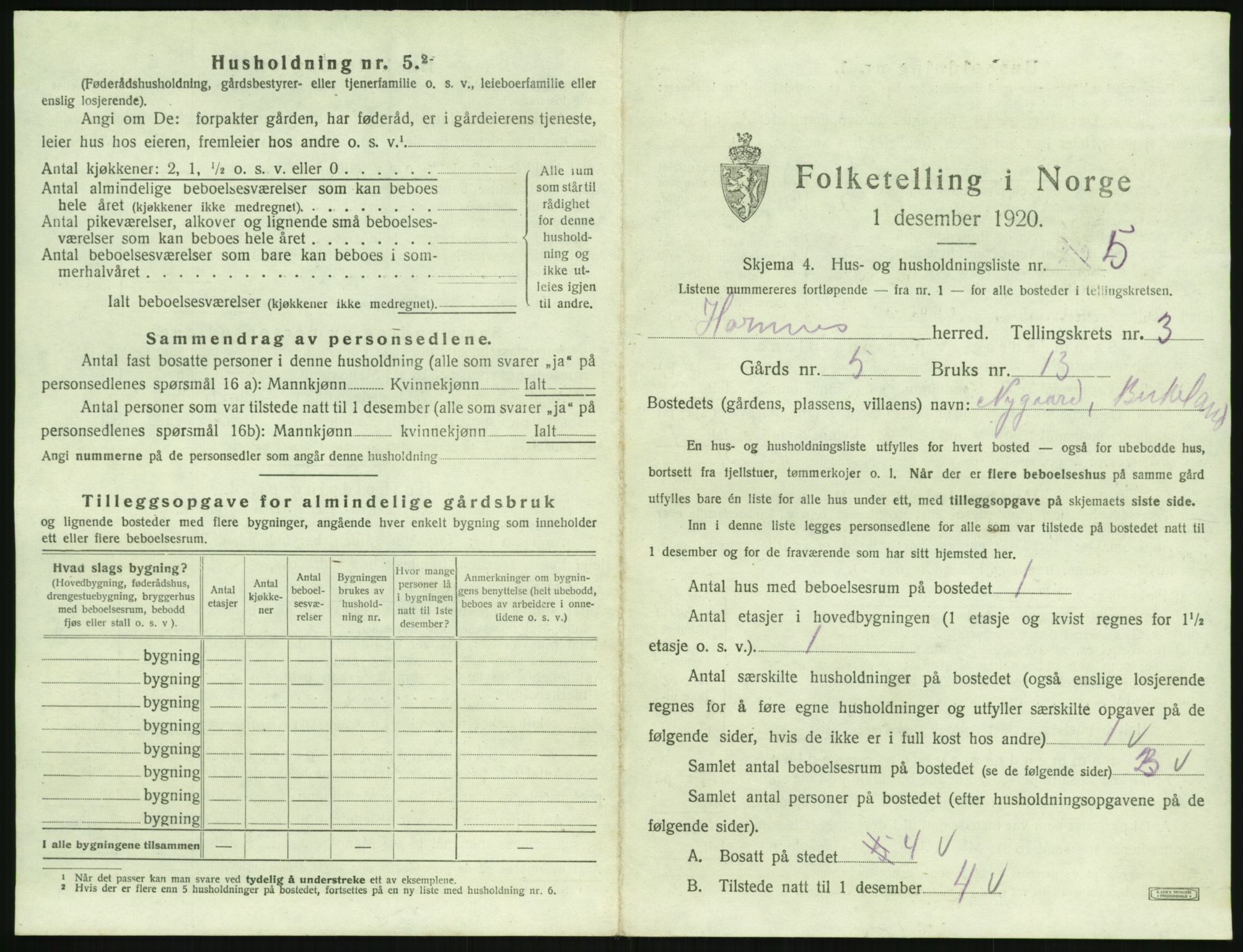 SAK, 1920 census for Hornnes, 1920, p. 125