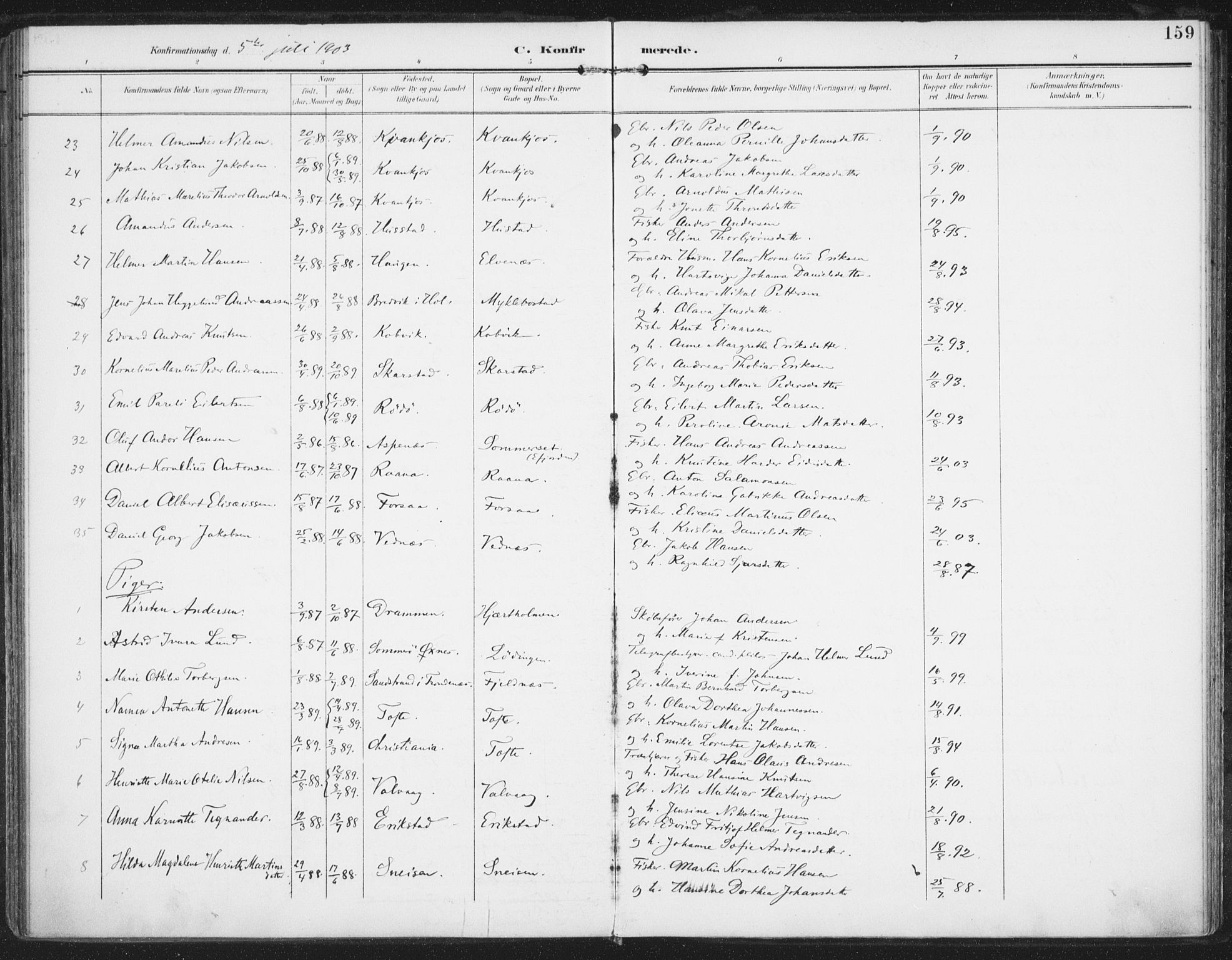 Ministerialprotokoller, klokkerbøker og fødselsregistre - Nordland, AV/SAT-A-1459/872/L1036: Parish register (official) no. 872A11, 1897-1913, p. 159