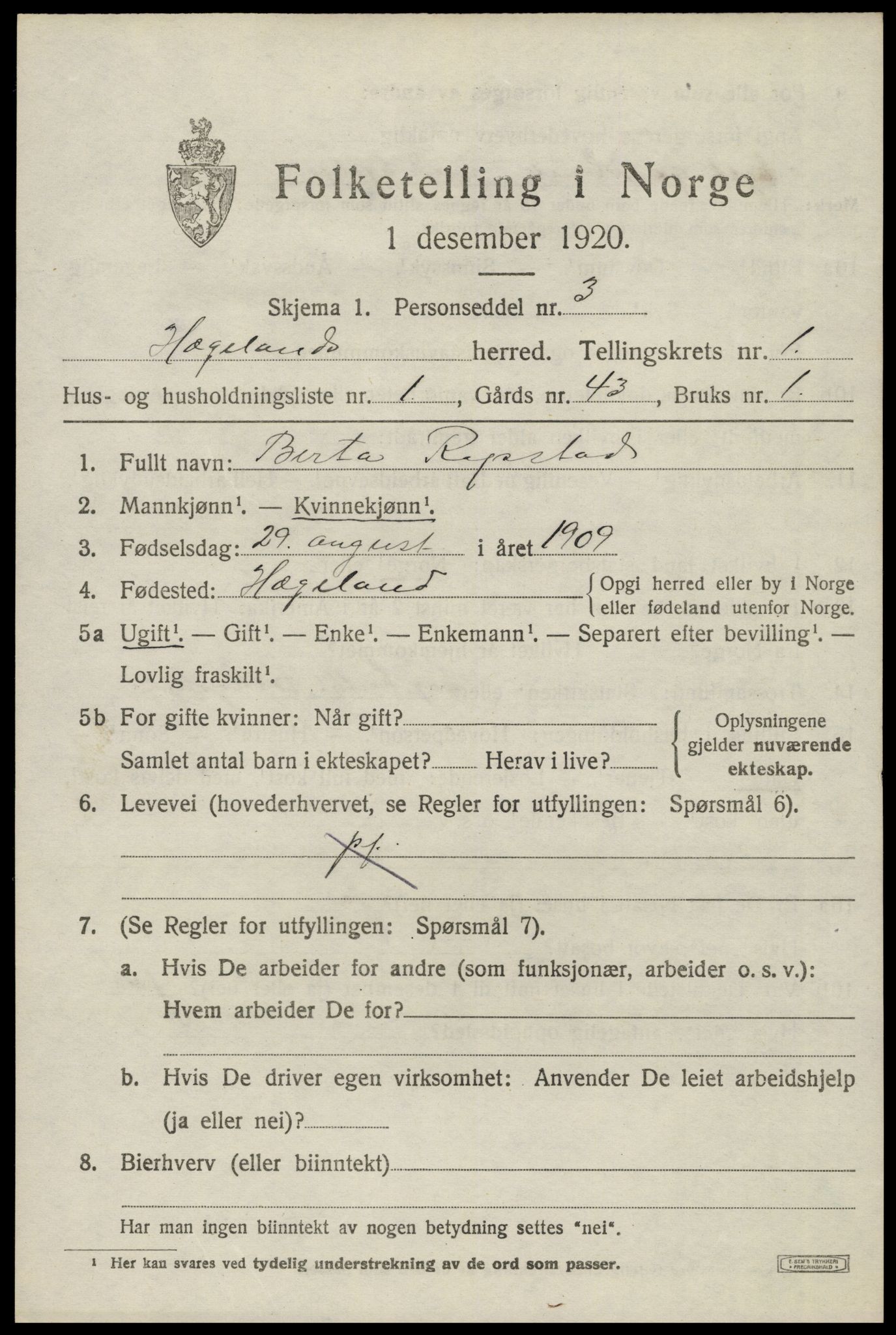 SAK, 1920 census for Hægeland, 1920, p. 401