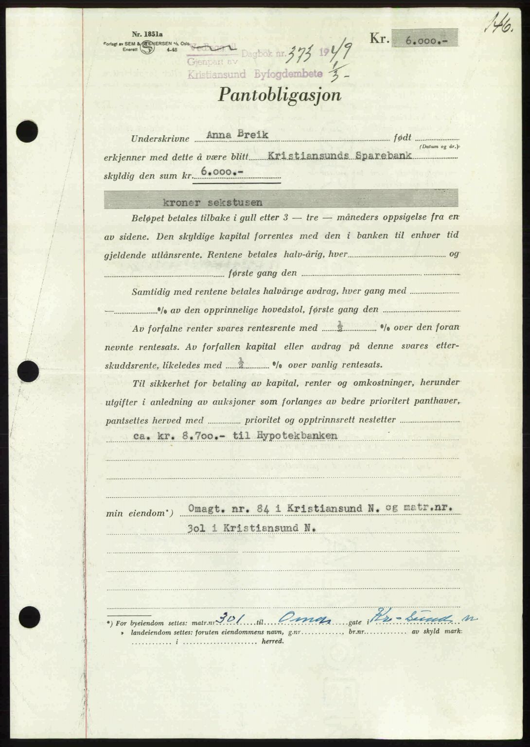 Kristiansund byfogd, AV/SAT-A-4587/A/27: Mortgage book no. 45, 1948-1949, Diary no: : 373/1949