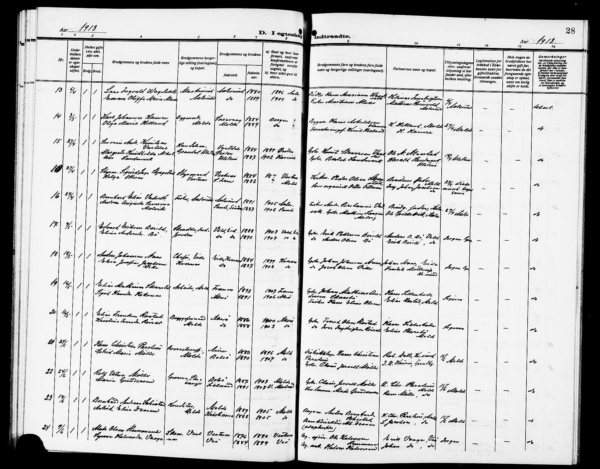 Ministerialprotokoller, klokkerbøker og fødselsregistre - Møre og Romsdal, AV/SAT-A-1454/558/L0703: Parish register (copy) no. 558C04, 1906-1921, p. 28