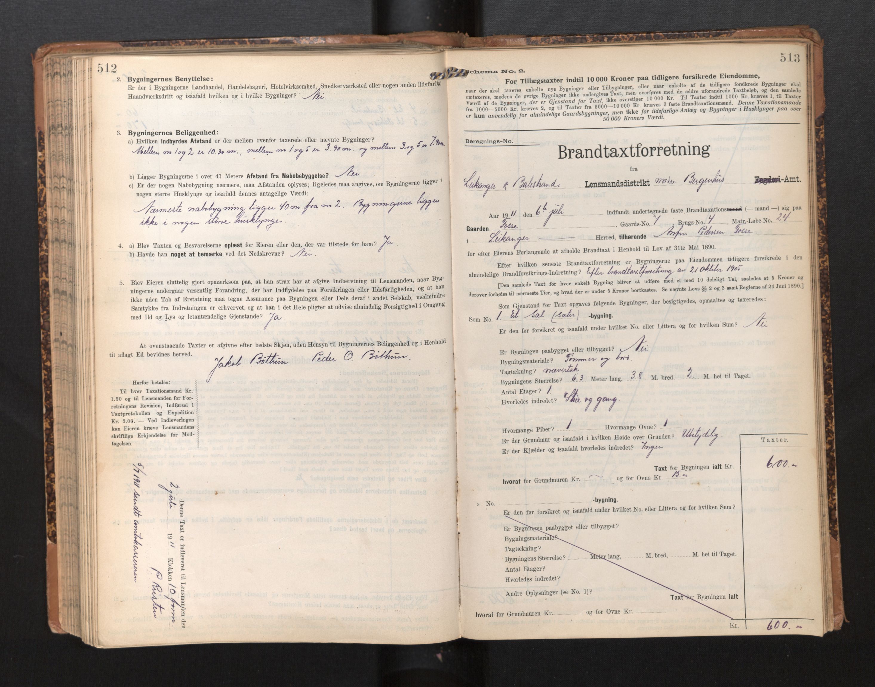 Lensmannen i Leikanger, AV/SAB-A-29201/0012/L0005: Branntakstprotokoll, skjematakst, 1907-1917, p. 512-513