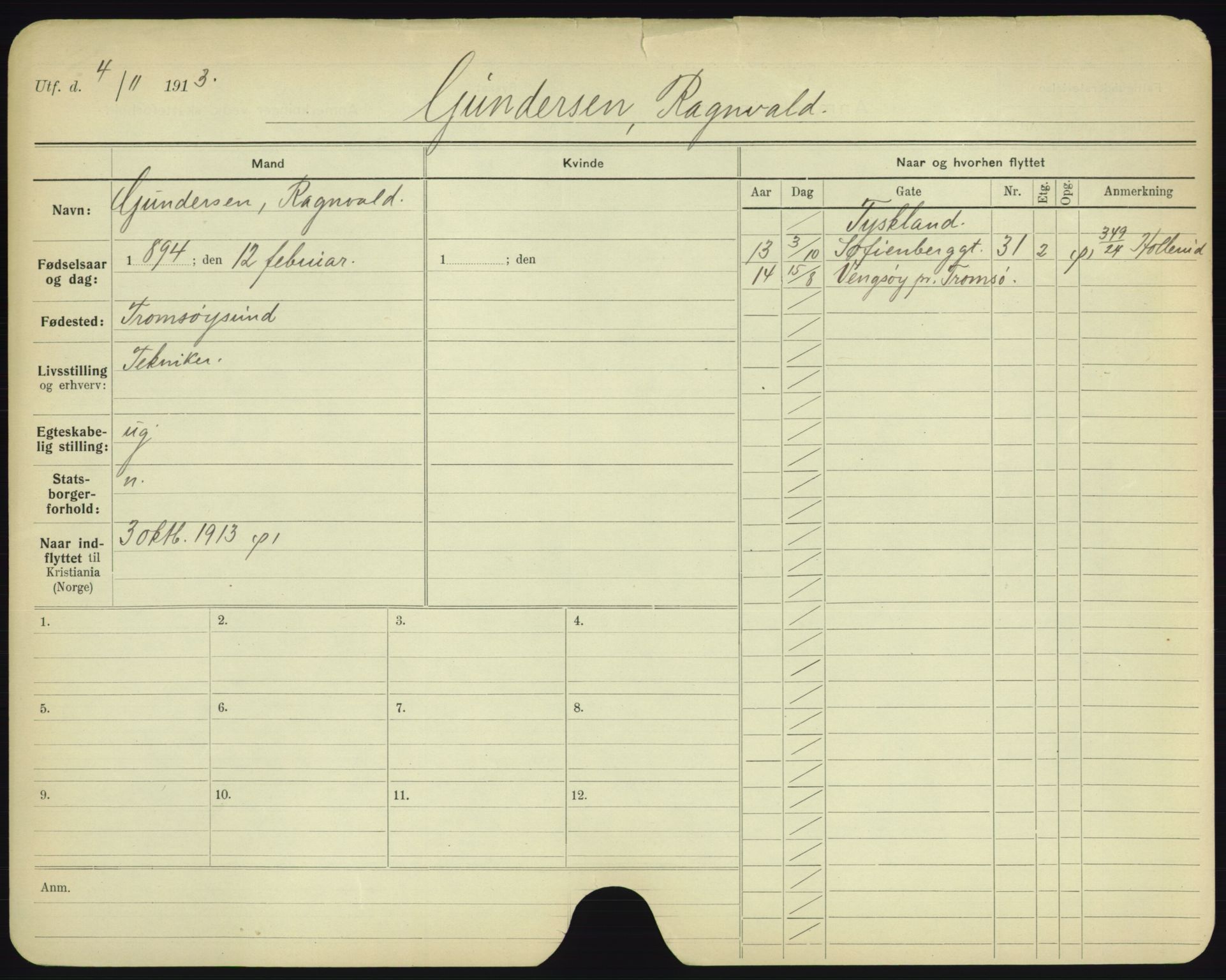 Oslo folkeregister, Registerkort, AV/SAO-A-11715/F/Fa/Fac/L0003: Menn, 1906-1914, p. 852a