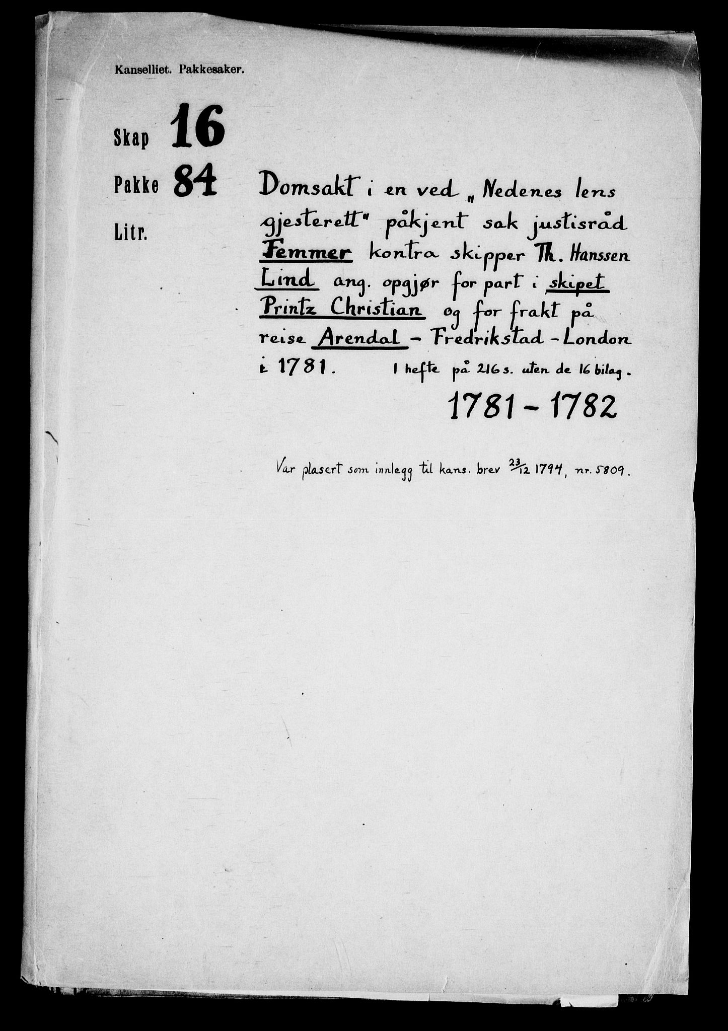Danske Kanselli, Skapsaker, RA/EA-4061/F/L0129: Skap 16, pakke 82-96, 1725-1806, p. 154