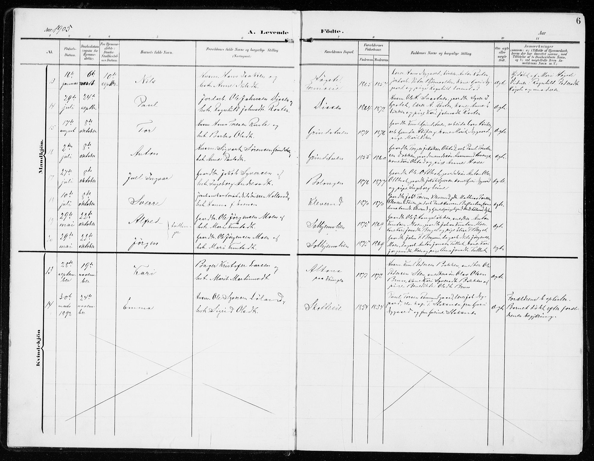 Sel prestekontor, SAH/PREST-074/H/Ha/Haa/L0002: Parish register (official) no. 2, 1905-1919, p. 6