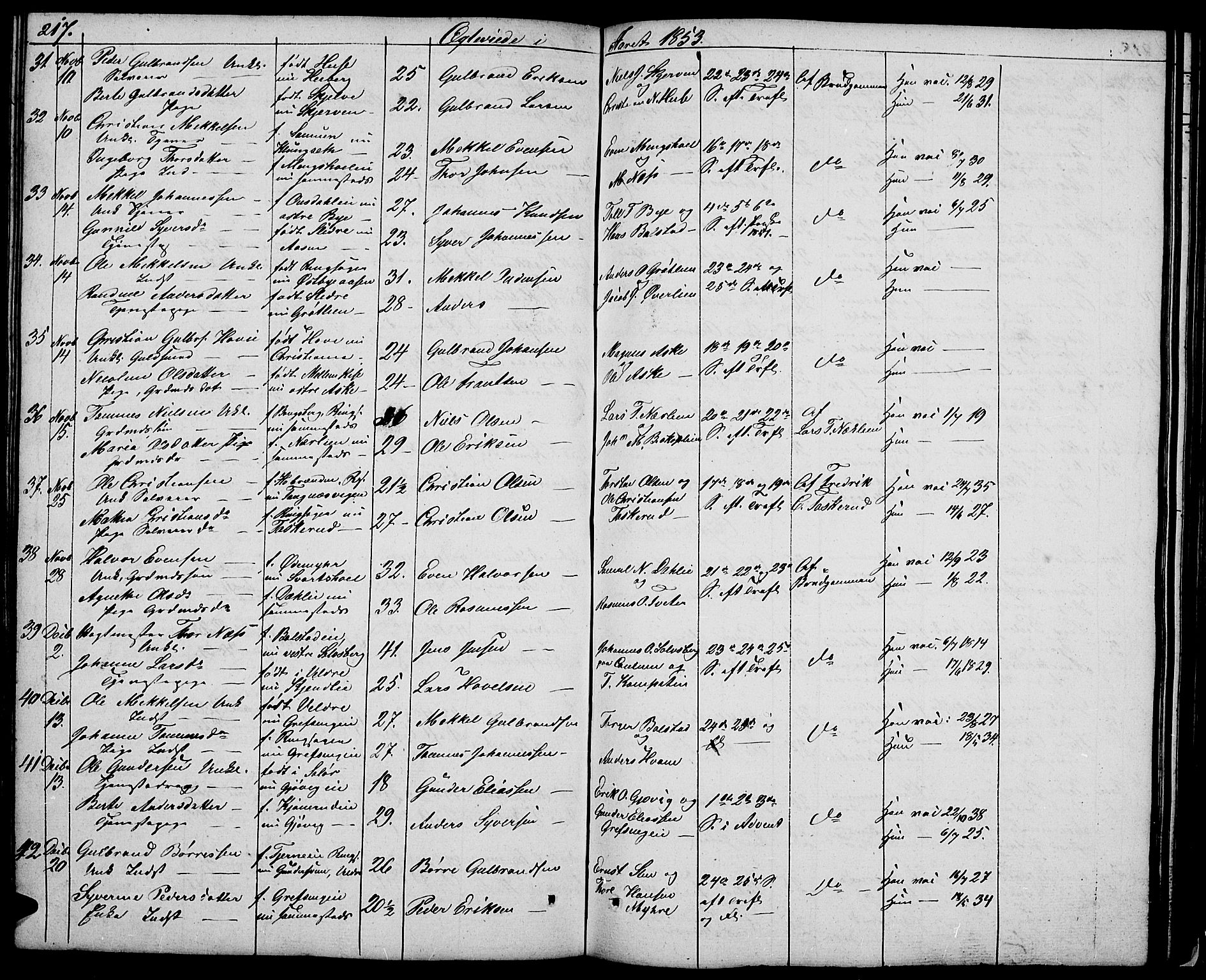 Nes prestekontor, Hedmark, SAH/PREST-020/L/La/L0004: Parish register (copy) no. 4, 1832-1861, p. 217