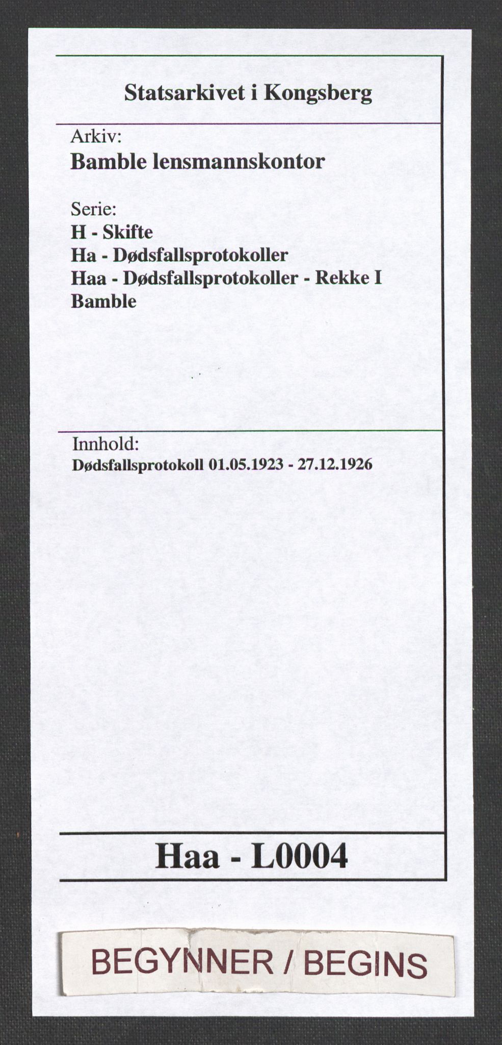 Bamble lensmannskontor, AV/SAKO-A-552/H/Ha/Haa/L0004: Dødsfallsprotokoll, 1923-1926