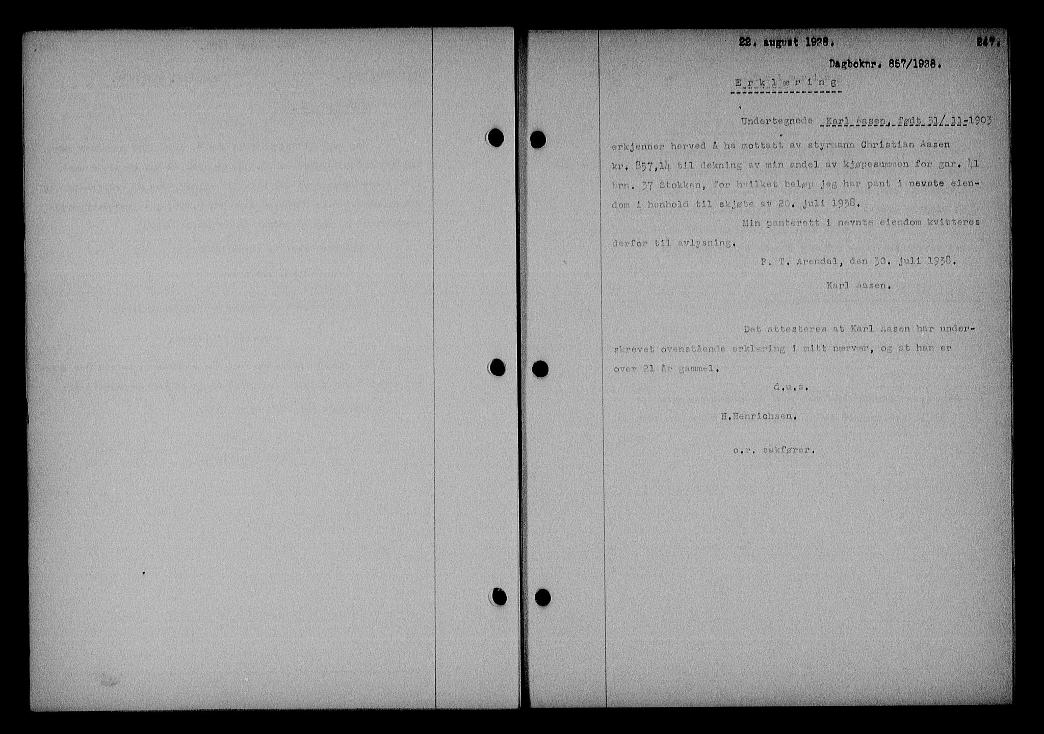 Nedenes sorenskriveri, SAK/1221-0006/G/Gb/Gba/L0045: Mortgage book no. 41, 1938-1938, Diary no: : 857/1938