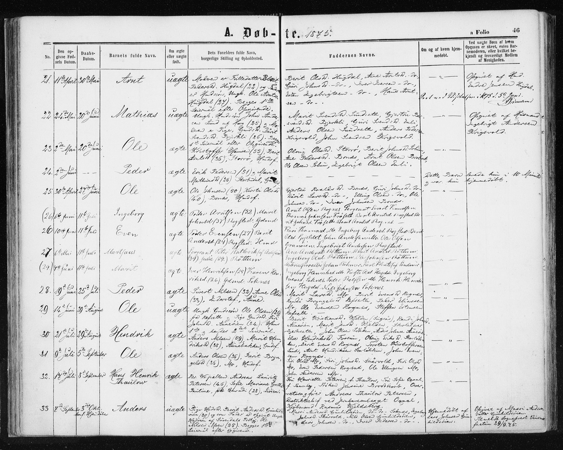 Ministerialprotokoller, klokkerbøker og fødselsregistre - Sør-Trøndelag, SAT/A-1456/687/L1001: Parish register (official) no. 687A07, 1863-1878, p. 46