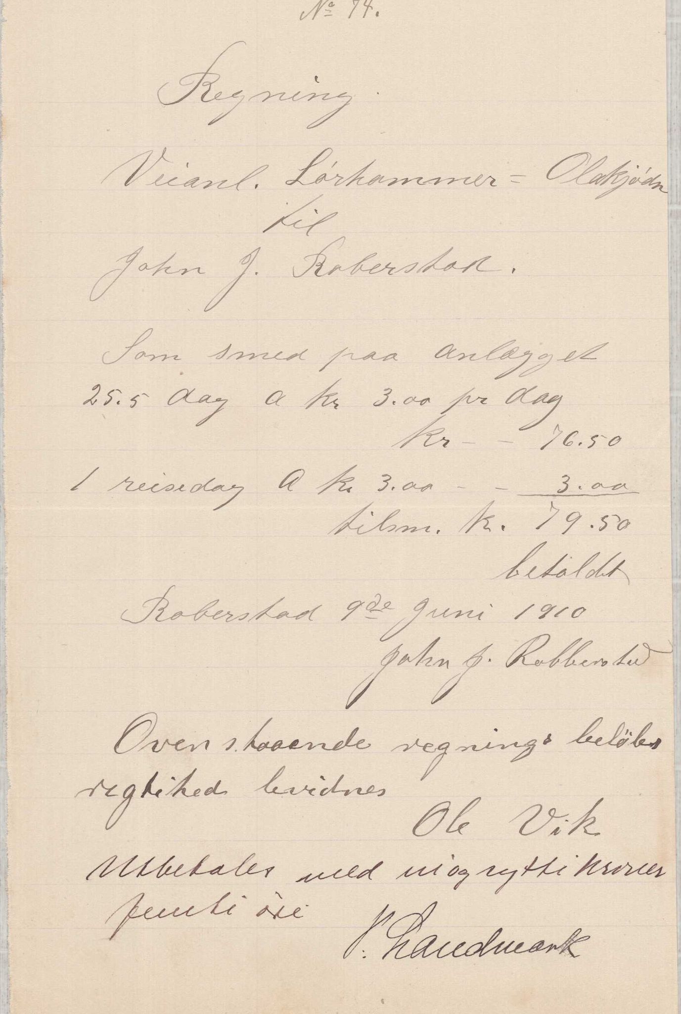 Finnaas kommune. Formannskapet, IKAH/1218a-021/E/Ea/L0001/0003: Rekneskap for veganlegg / Rekneskap for veganlegget Laurhammer - Olakjødn, 1909-1911, p. 32