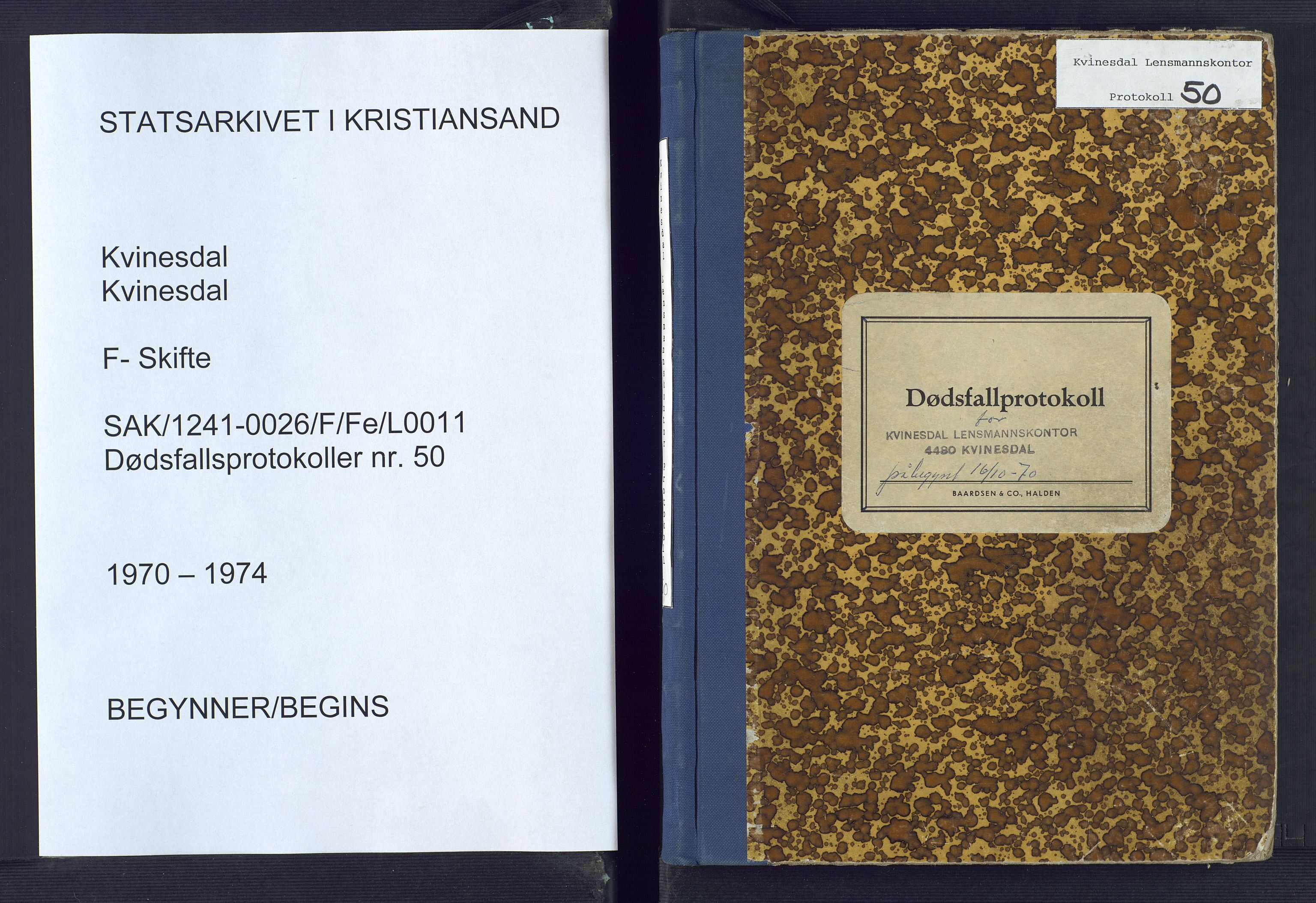 Kvinesdal lensmannskontor, SAK/1241-0026/F/Fe/L0011: Dødsfallsprotokoll nr 50, 1970-1974