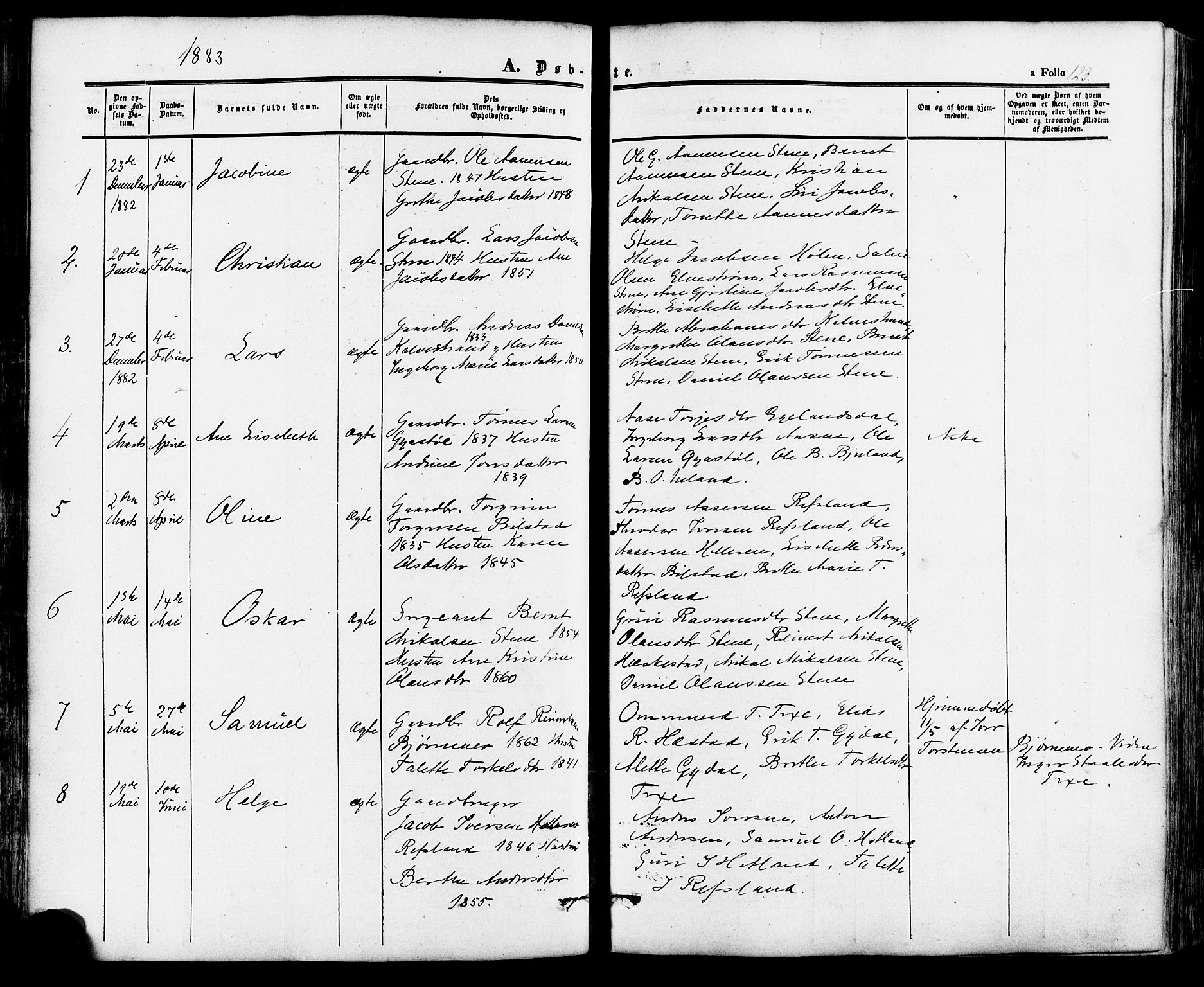 Lund sokneprestkontor, AV/SAST-A-101809/S06/L0010: Parish register (official) no. A 9, 1854-1886, p. 123