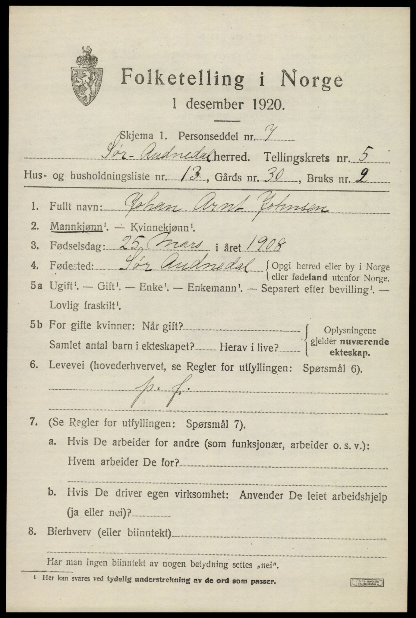 SAK, 1920 census for Sør-Audnedal, 1920, p. 2643