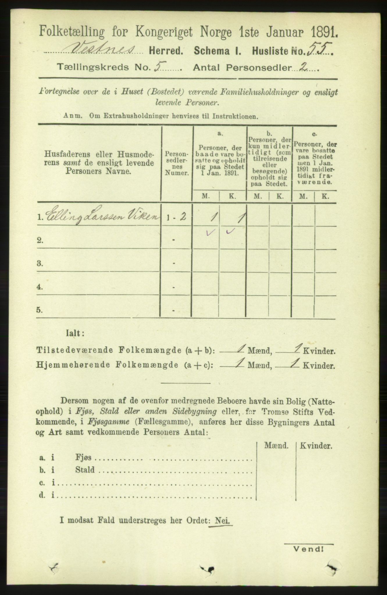 RA, 1891 census for 1535 Vestnes, 1891, p. 1823