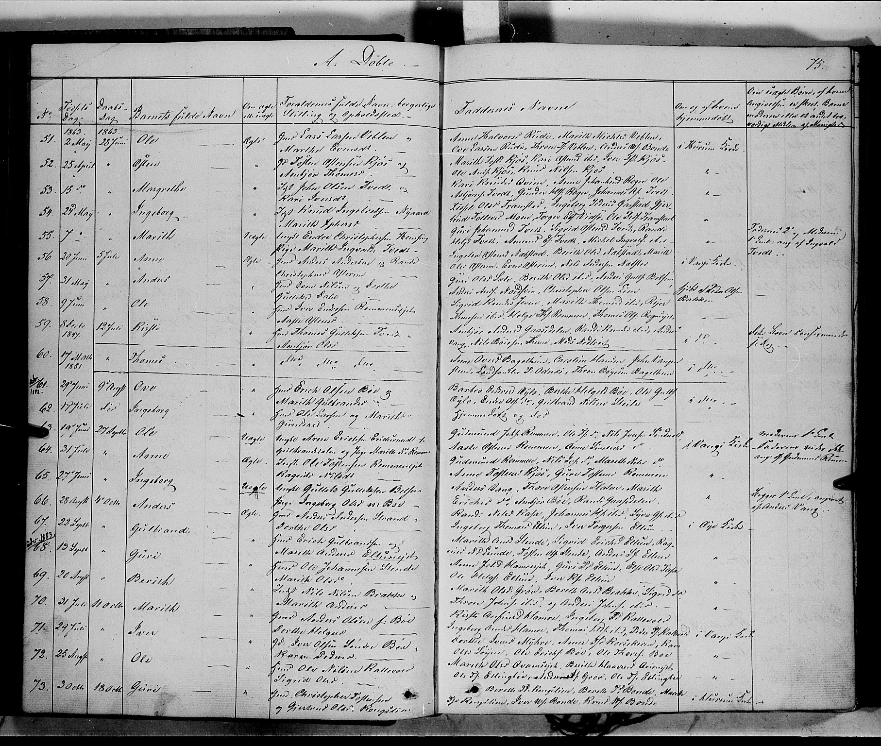 Vang prestekontor, Valdres, SAH/PREST-140/H/Ha/L0006: Parish register (official) no. 6, 1846-1864, p. 75