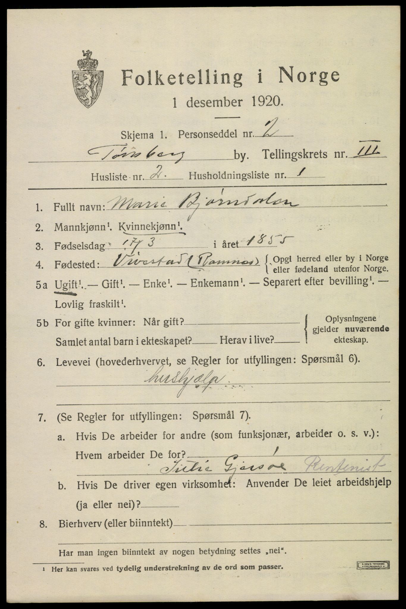 SAKO, 1920 census for Tønsberg, 1920, p. 10893