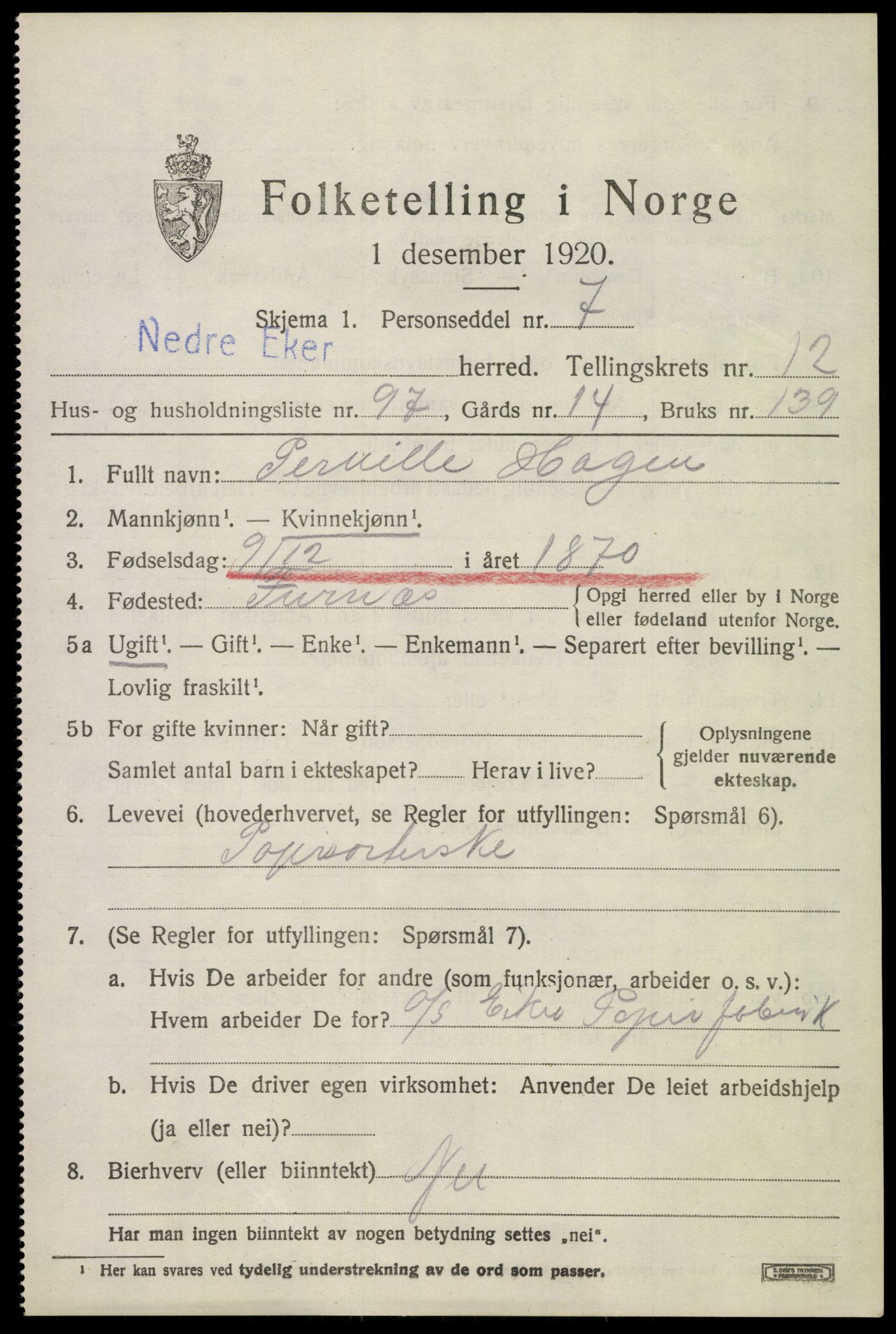 SAKO, 1920 census for Nedre Eiker, 1920, p. 14359